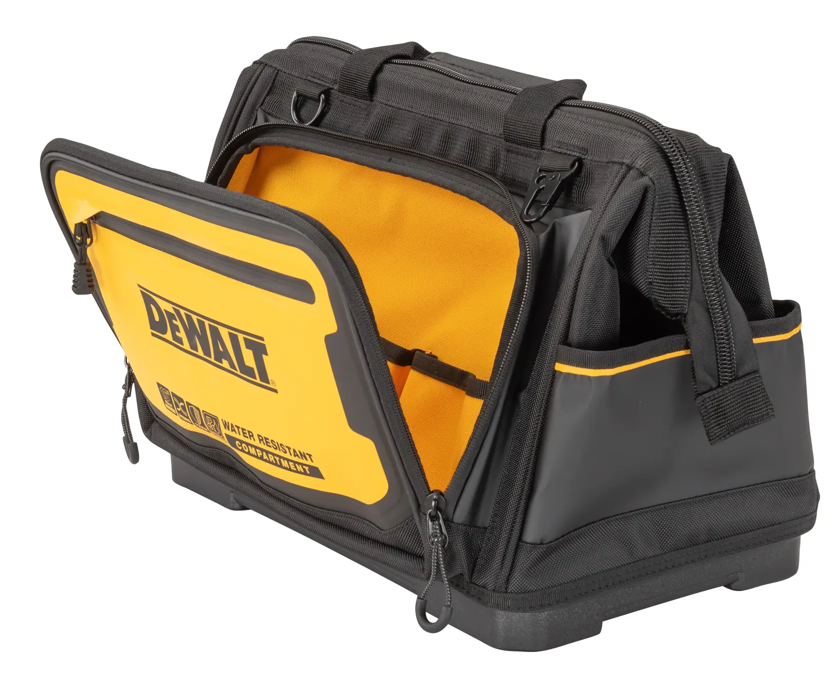 DEWALT 16 INCH PRO OPEN MOUTH TOOL BAG FRONT 3/4 ANGLE OPEN