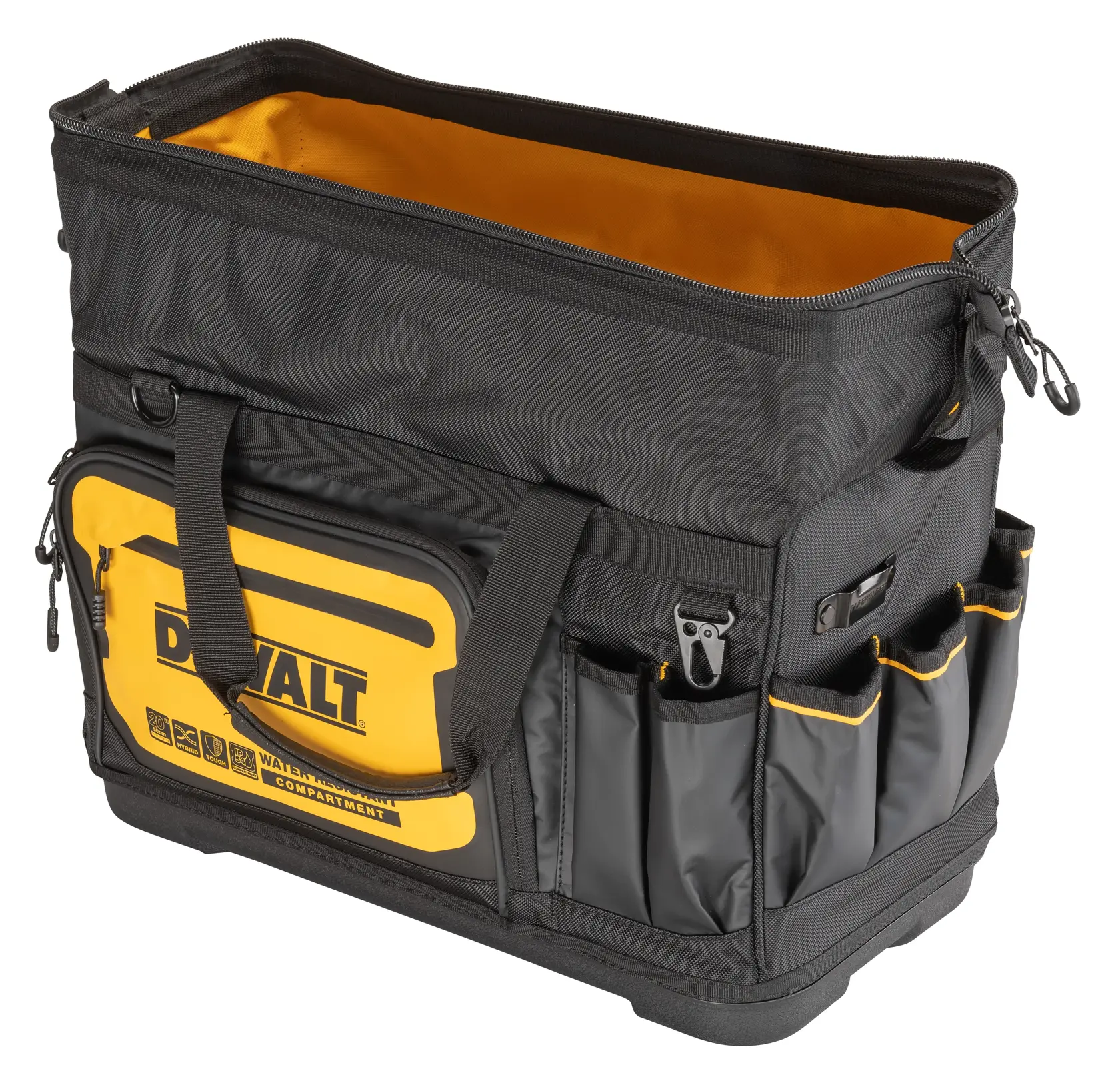 DEWALT 20 INCH PRO OPEN MOUTH TOOL BAG FRONT 3/4 ANGLE OPEN