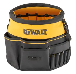 A DEWALT branded black and yellow tool bucket organizer with multiple pockets and compartments. The organizer is made of durable fabric and is designed to fit around a bucket for holding tools and accessories.