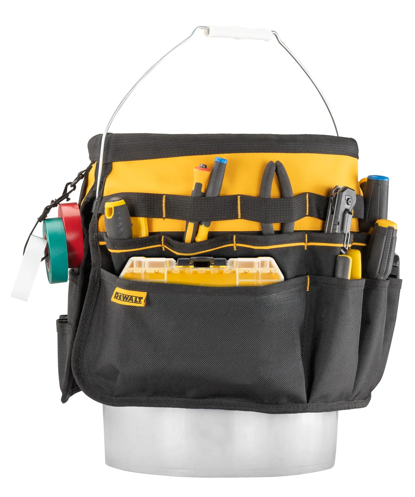 DEWALT® Bucket Tool Organizer featuring DEWALT® Hand Tools Around Bucket on White