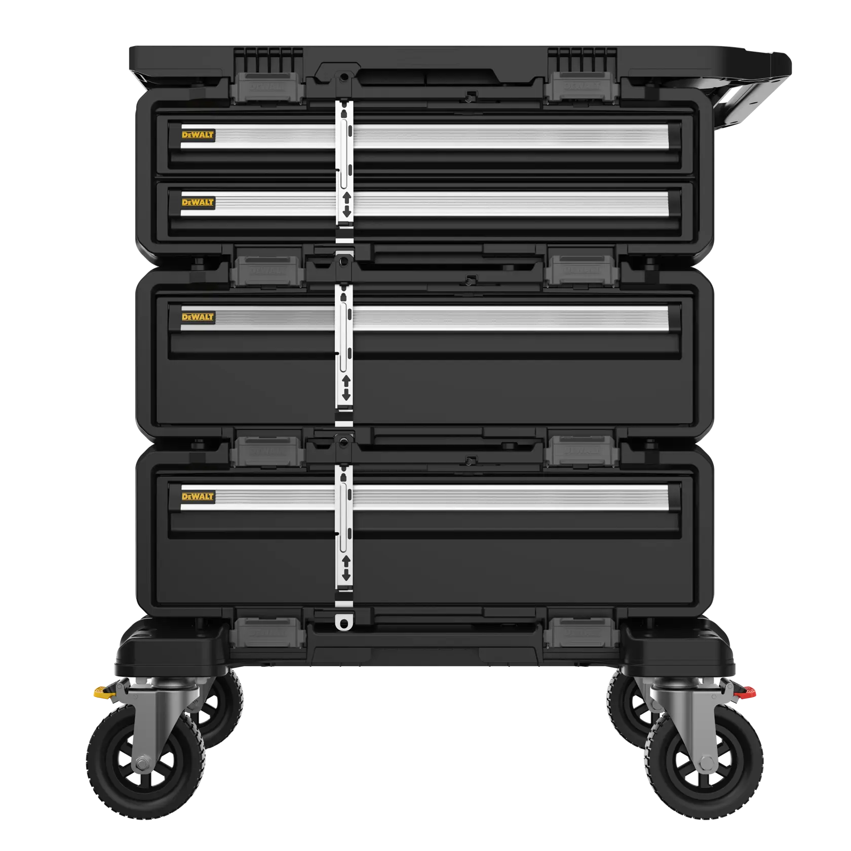 A black DEWALT rolling tool chest with three stacked compartments, metal latches, and four sturdy wheels.