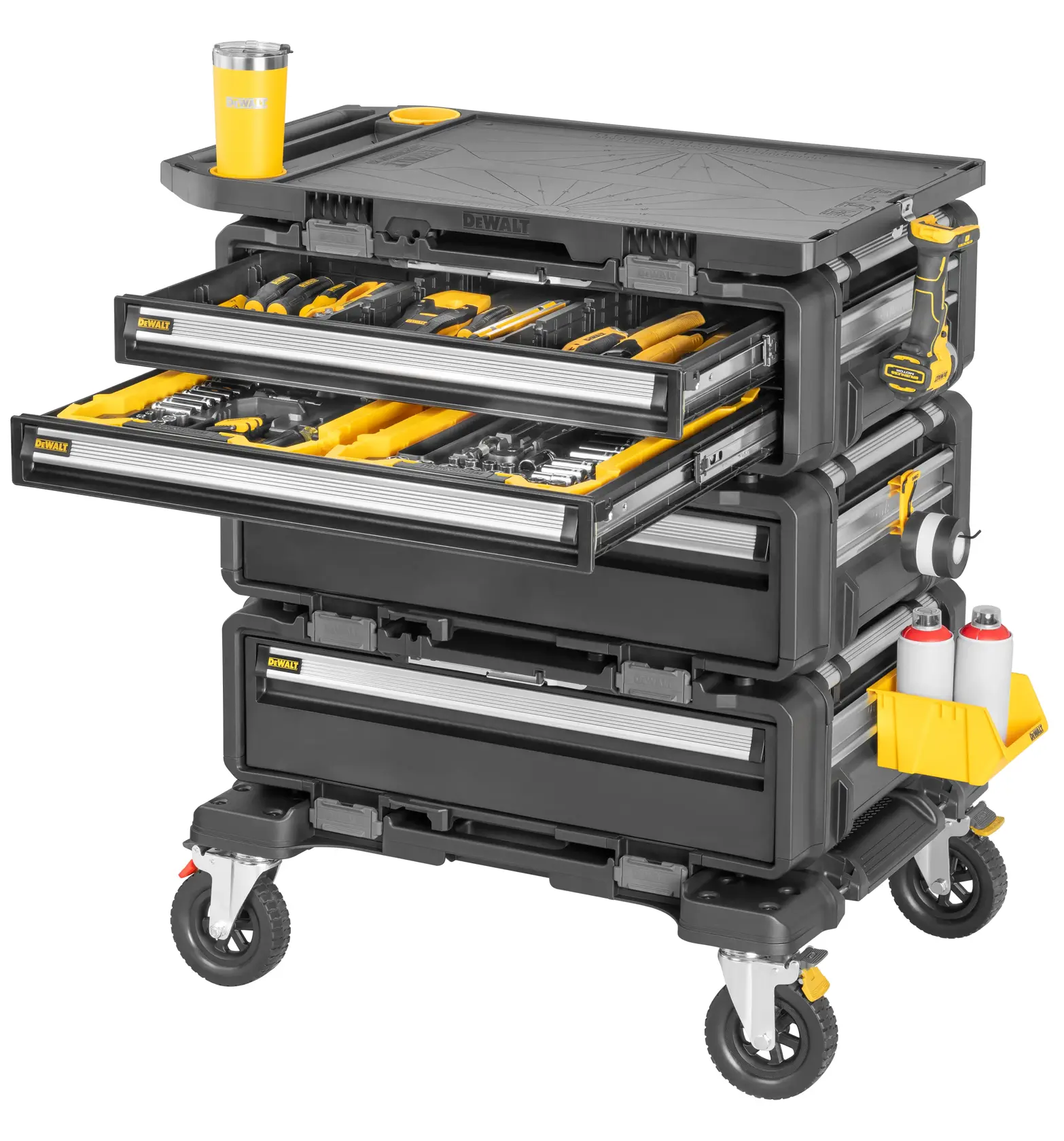 TOUGHSYSTEM® 2.0 DXL™ 5 in 1 Tower with Tools Hanging on Hooks, and tools laying in the drawers.