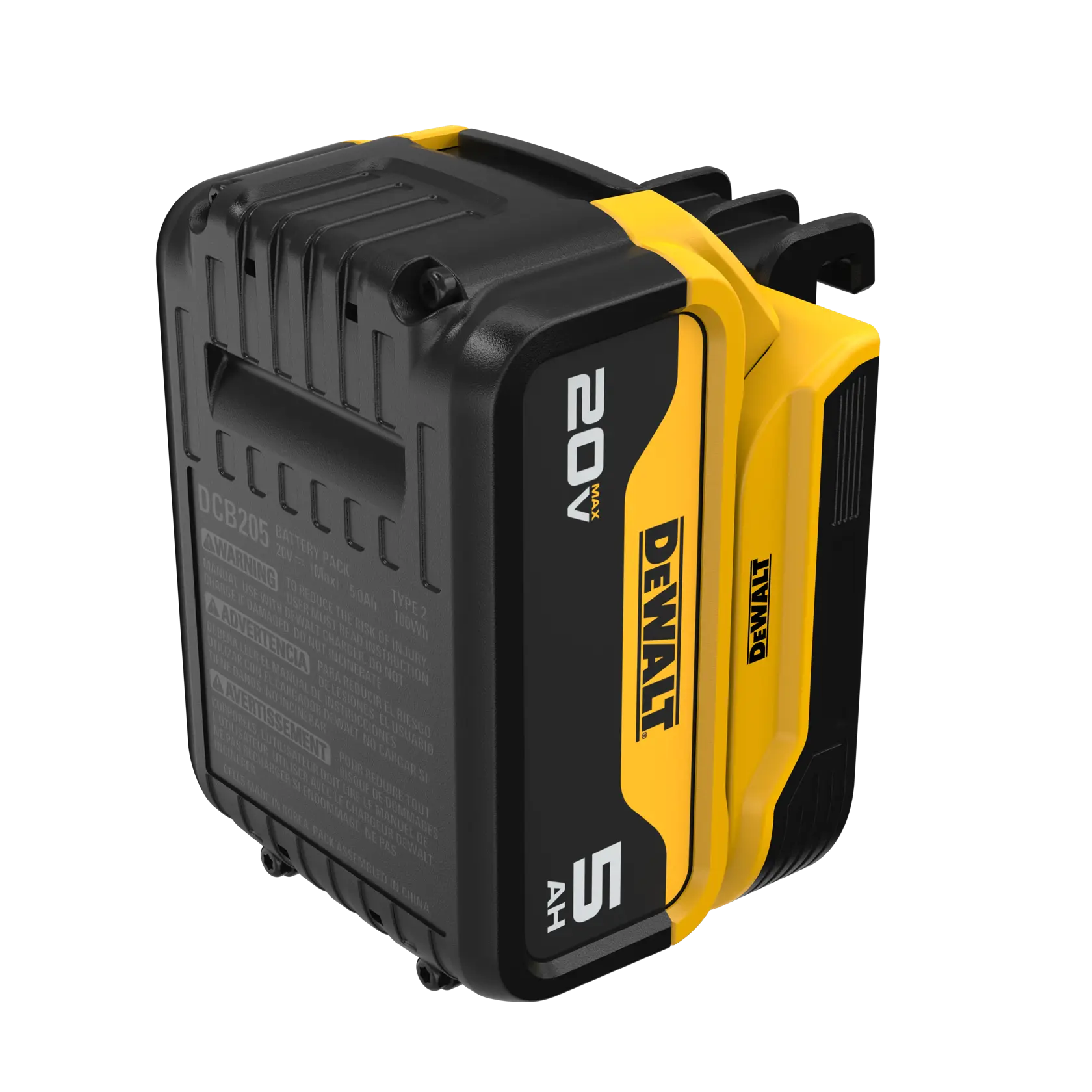 A DEWALT 20V MAX 5Ah lithium-ion battery pack, black and yellow, designed for power tools.