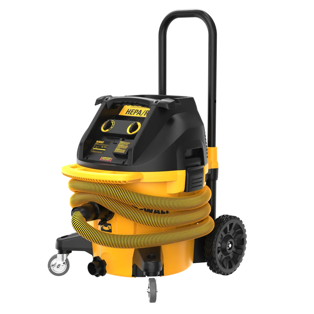 Dust extractor at an angle with the hose wrapped around the unit