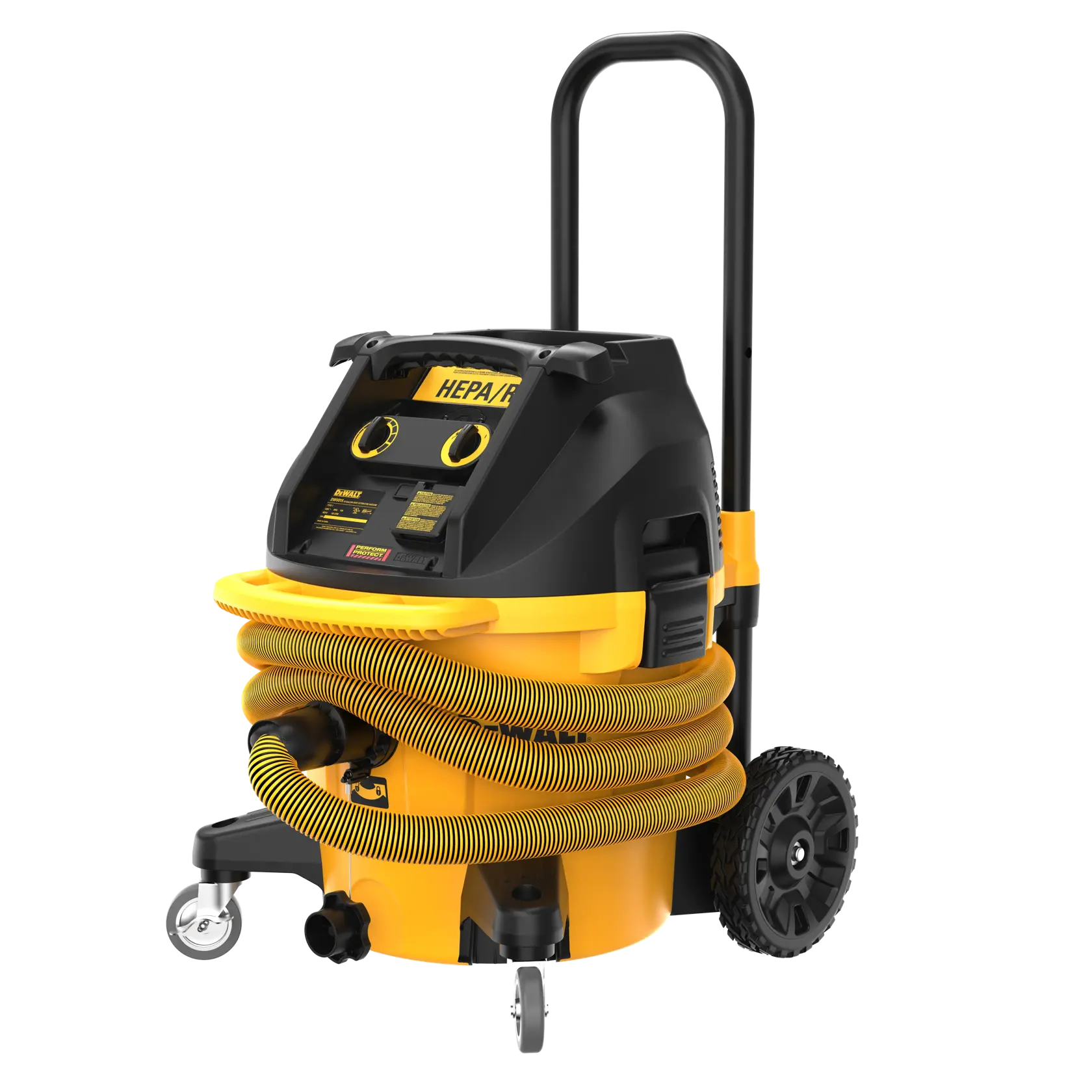 Dust extractor at an angle with the hose wrapped around the unit