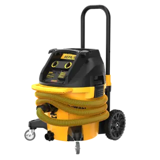 Dust extractor at an angle with the hose wrapped around the unit