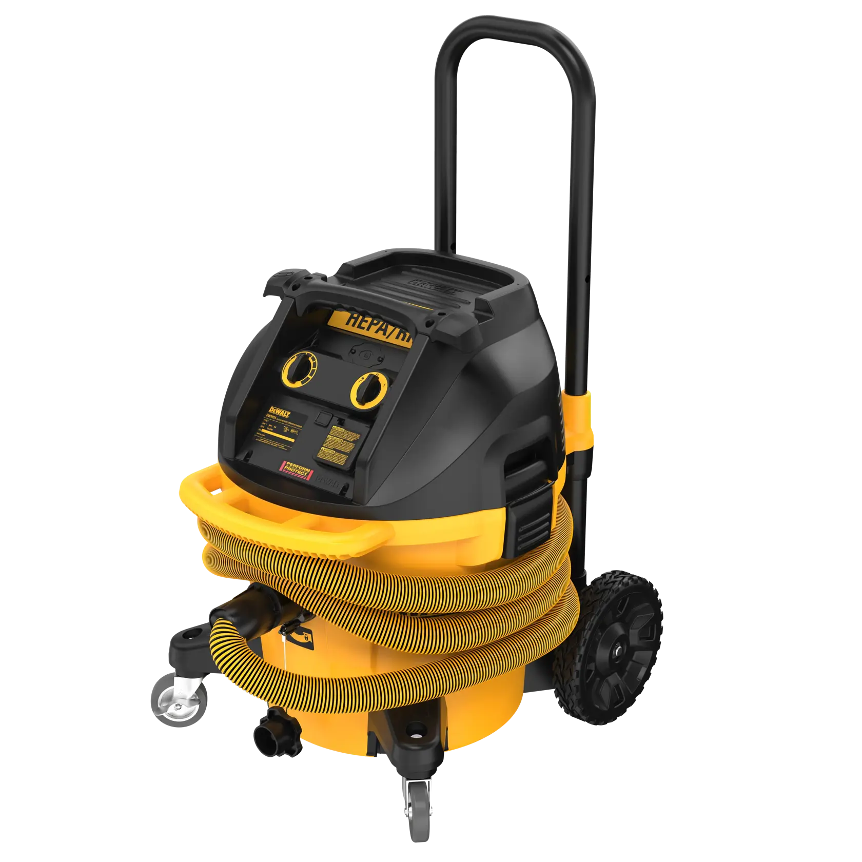 Dust extractor at an angle with the hose wrapped around the unit