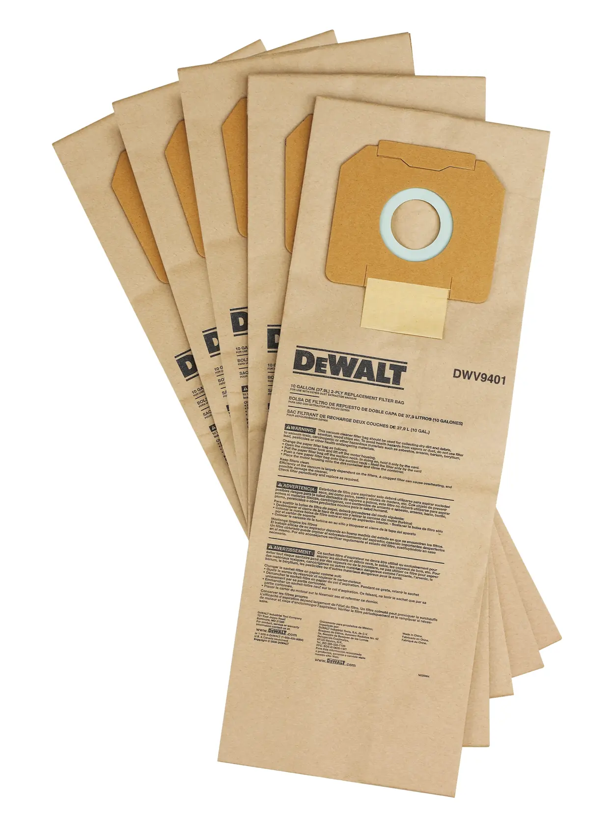 Paper bag 5 Pack for DEWALT dust extractors.