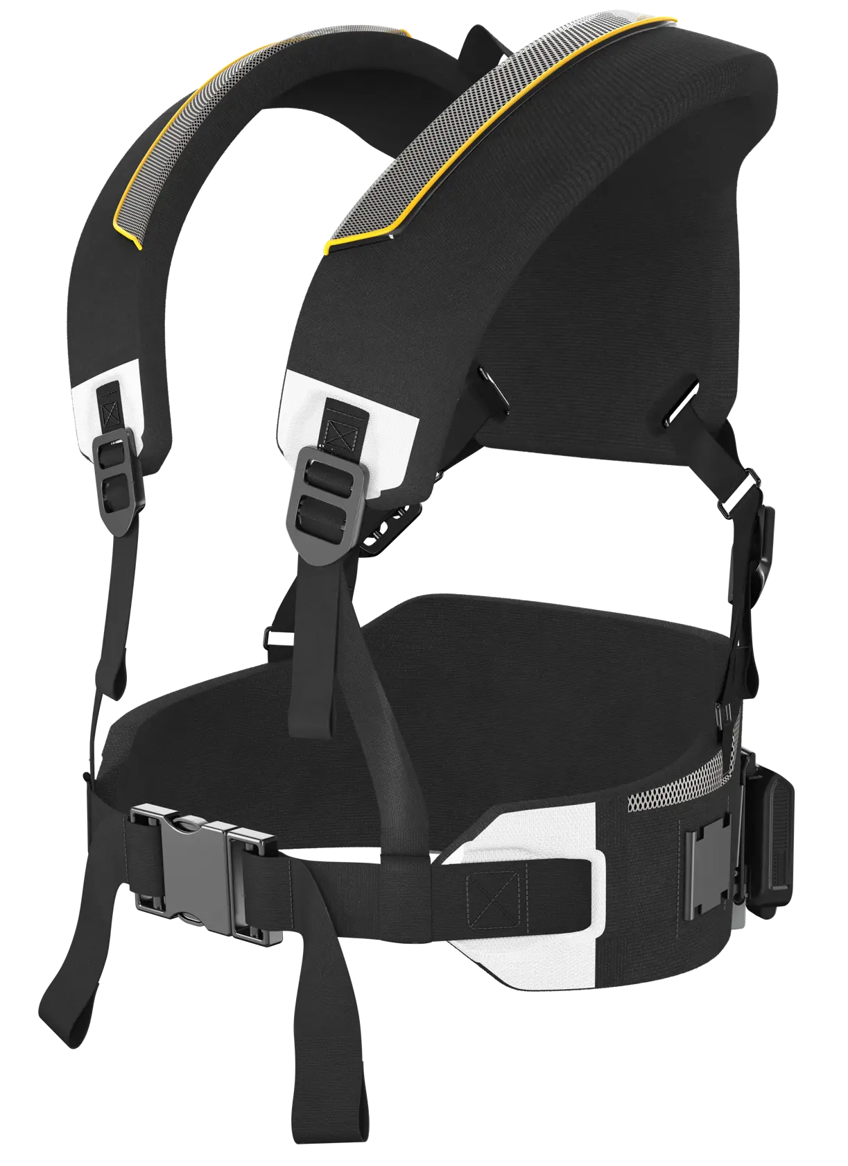 A black and gray padded camera harness with adjustable shoulder straps, waist belt, and multiple buckles. The harness is designed for photography gear, providing support and weight distribution. It has yellow accent lines and is branded DEWALT.