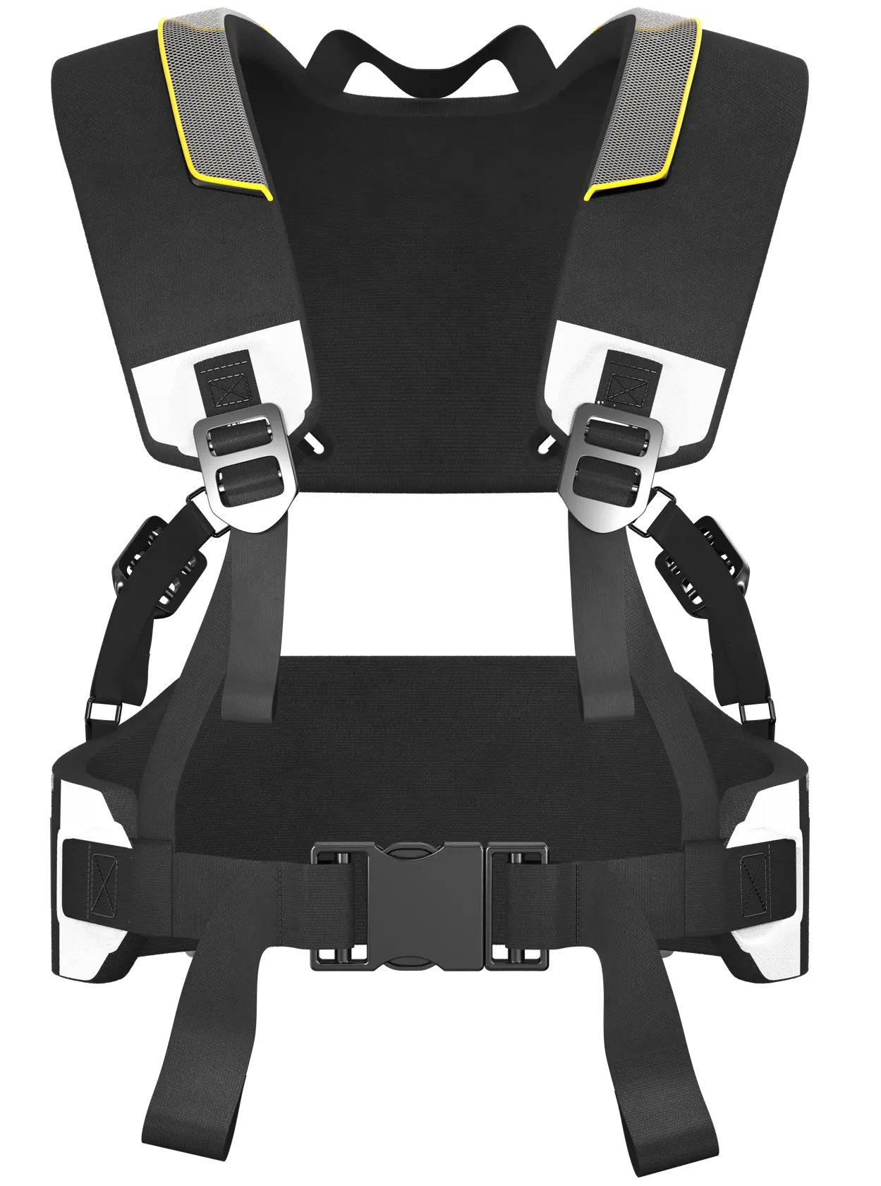 A DEWALT branded heavy-duty black harness with padded shoulder straps, adjustable buckles, and a wide waist belt, designed for photography or carrying equipment.