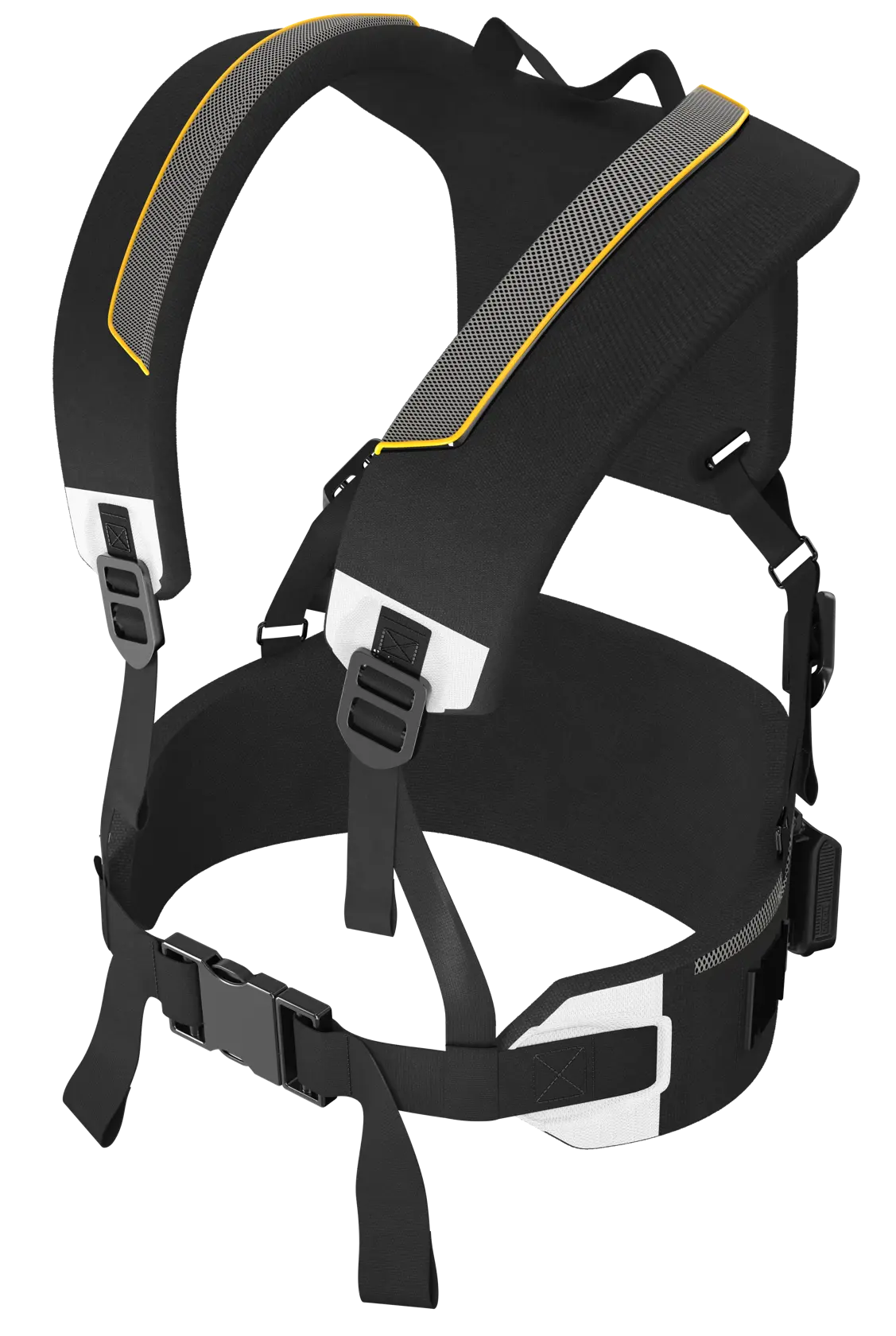 A black padded camera harness with adjustable straps, buckles, and yellow accents, designed for supporting heavy photography equipment.
