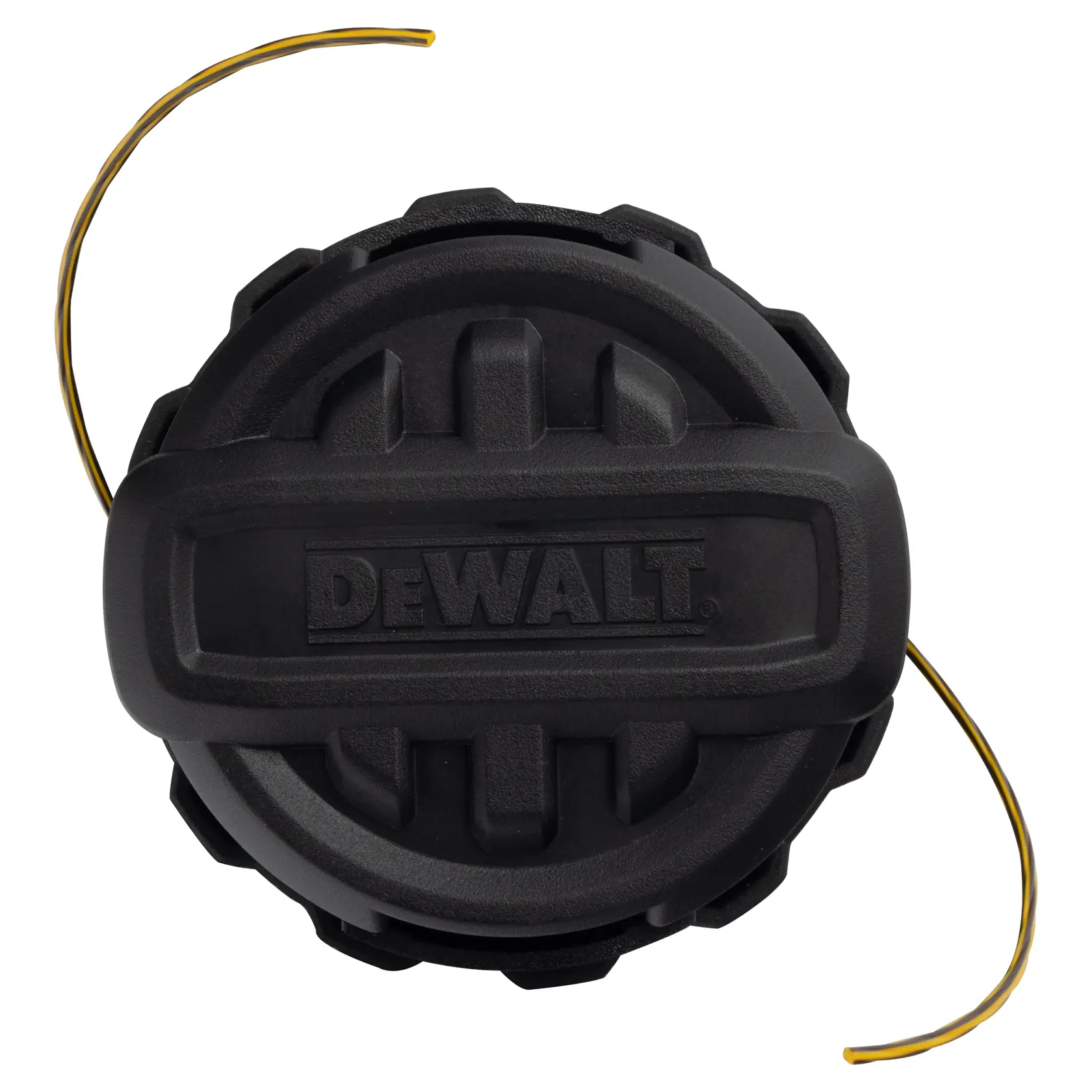A black DEWALT trimmer replacement spool head with yellow and black trimmer line extending from both sides.