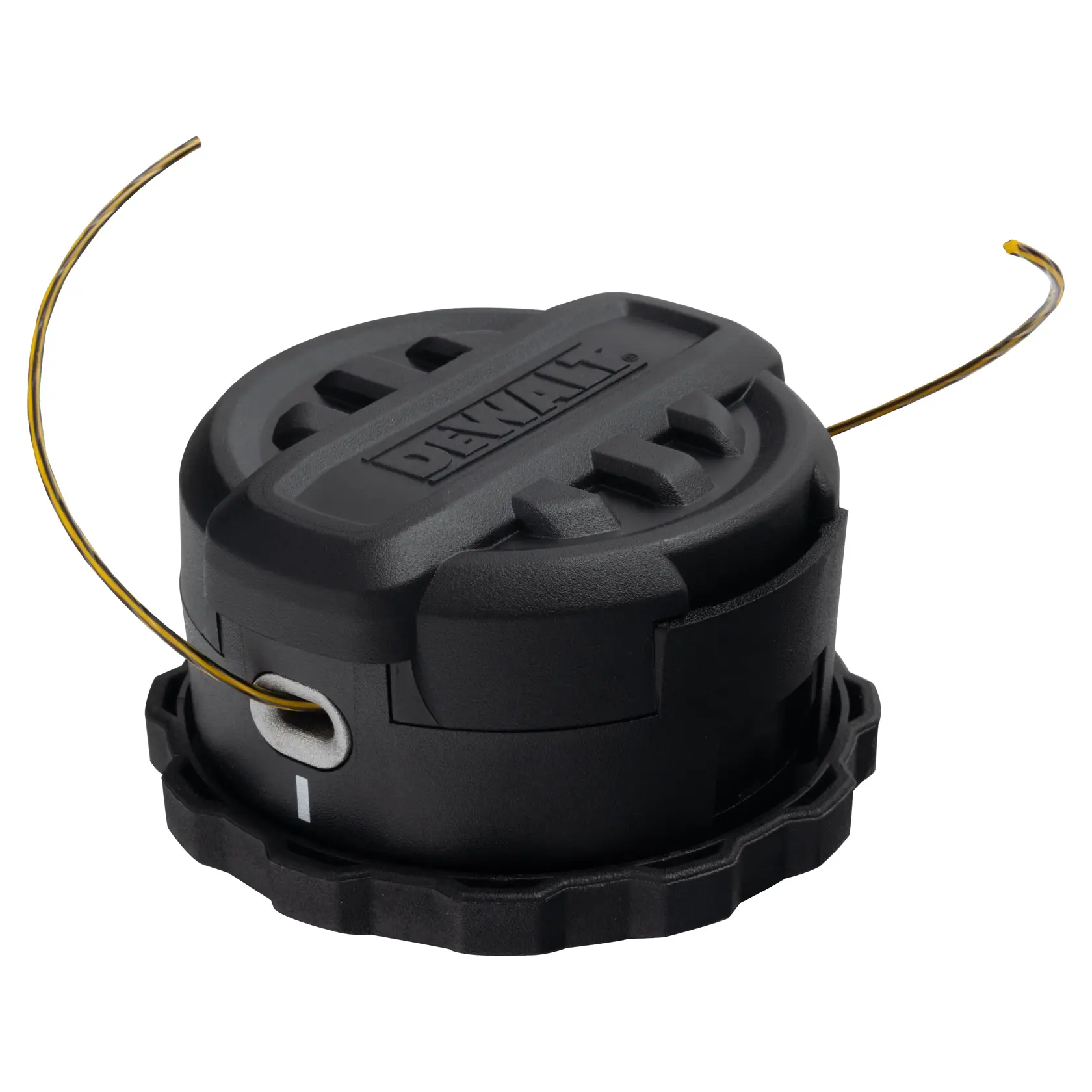 A DEWALT branded black trimmer head with two yellow trimmer lines extending from each side, designed for use with outdoor power equipment.