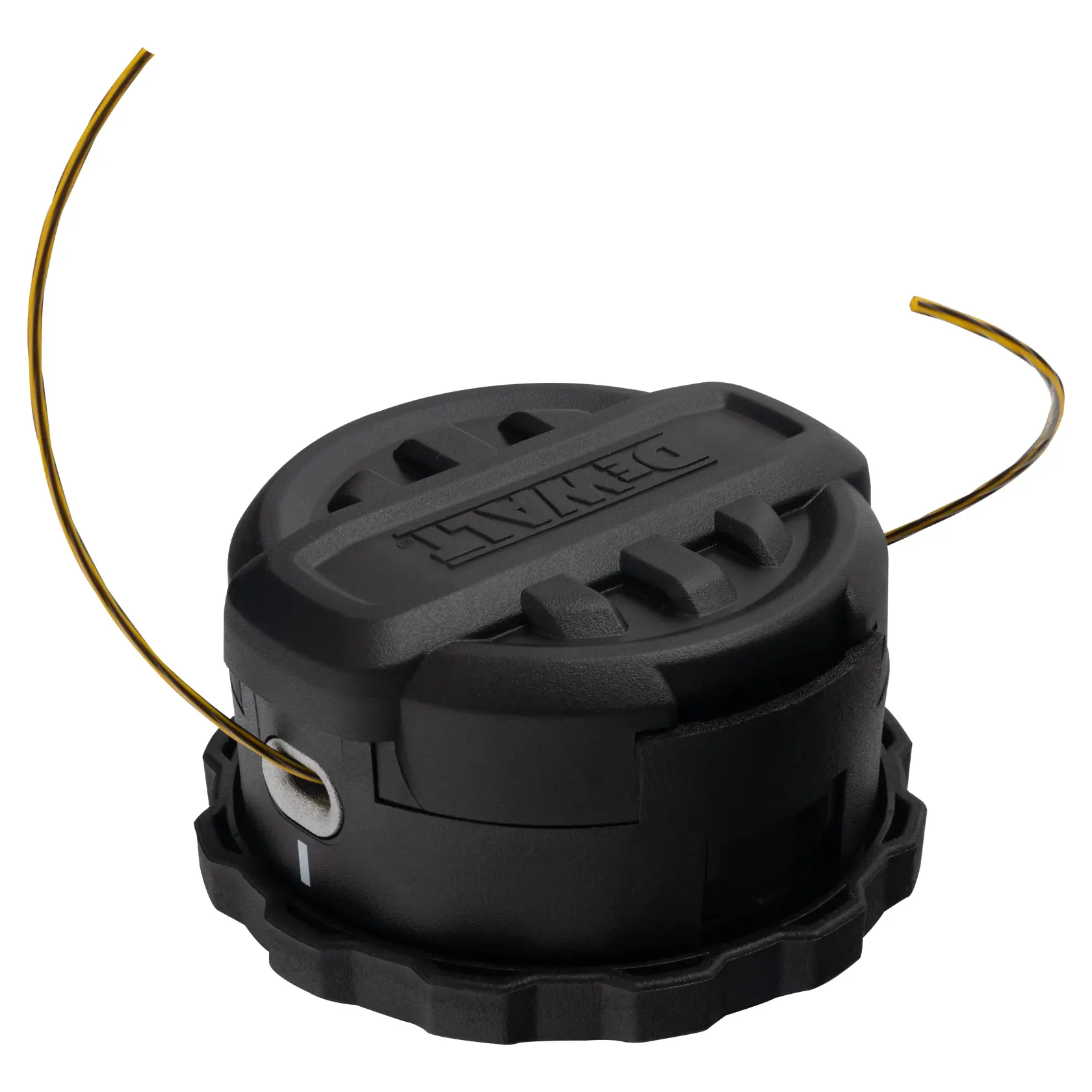 A close-up image of a DEWALT black trimmer line spool head with yellow trimmer line extending from both sides, used for grass trimming.