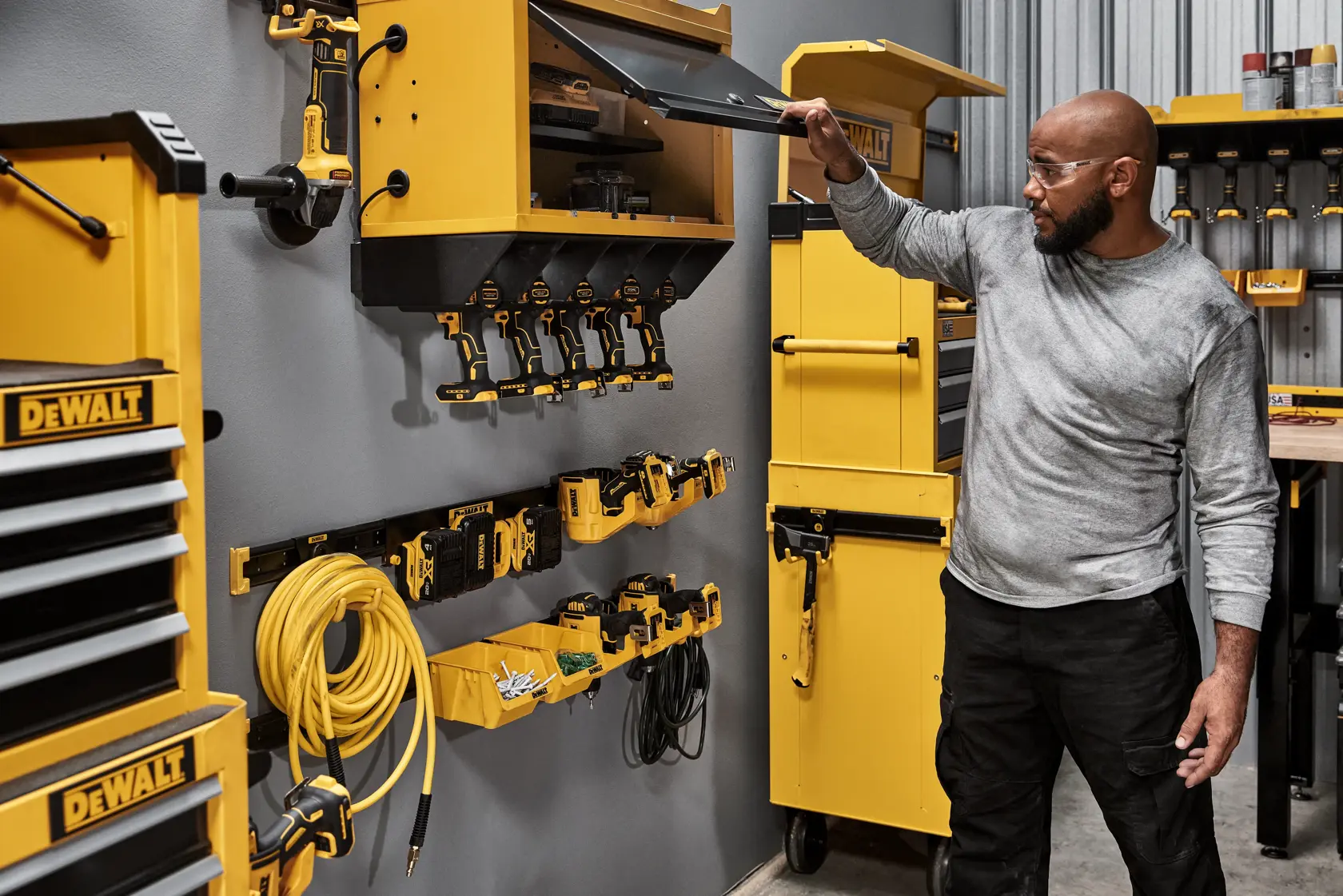 A Person Opening a DEWALT Wall Cabinet Featuring Batteries and a DEWALT Chest and Cabinet