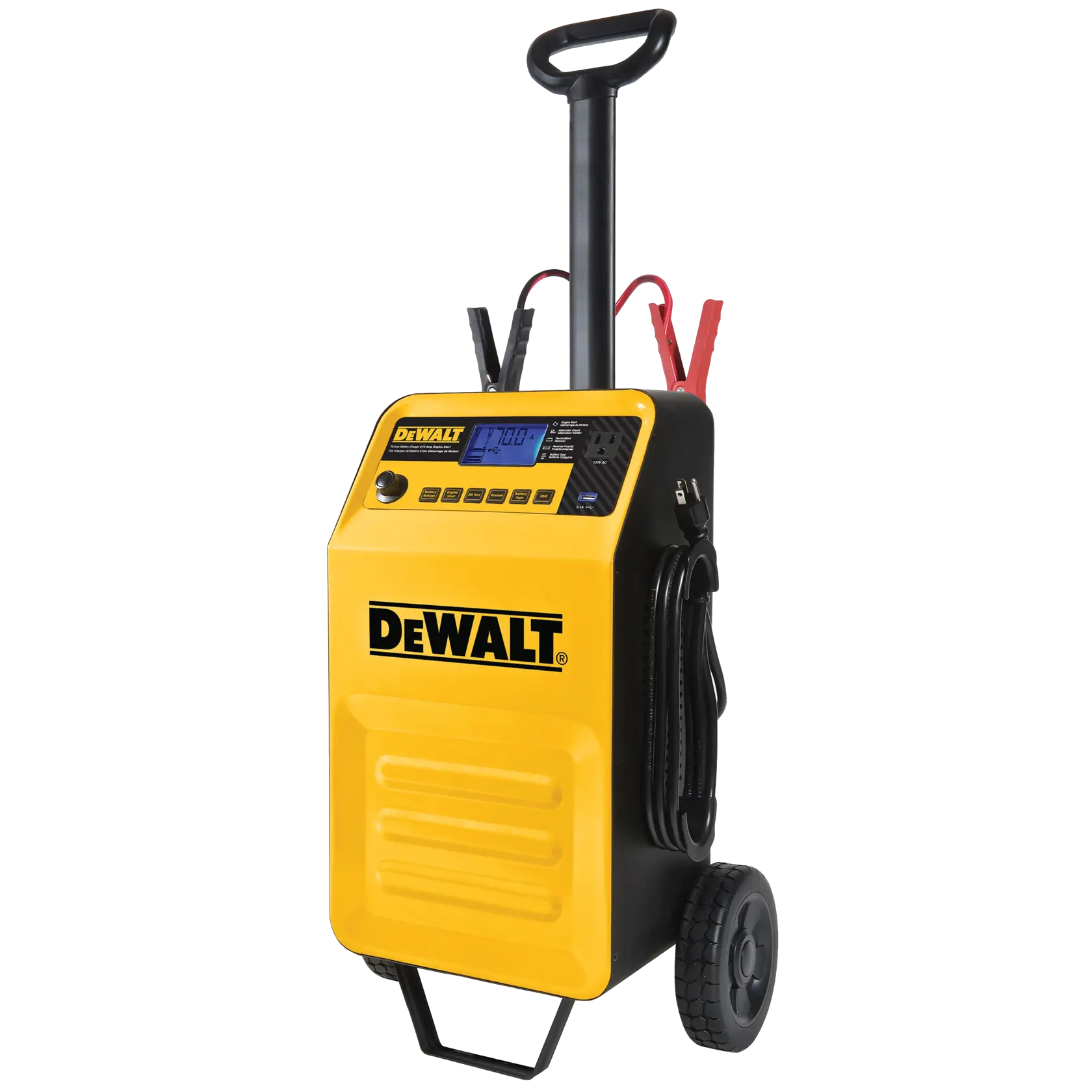 DEWALT portable wheeled battery charger with jump starter, featuring a yellow body, handle, two wheels, cables, and digital display.