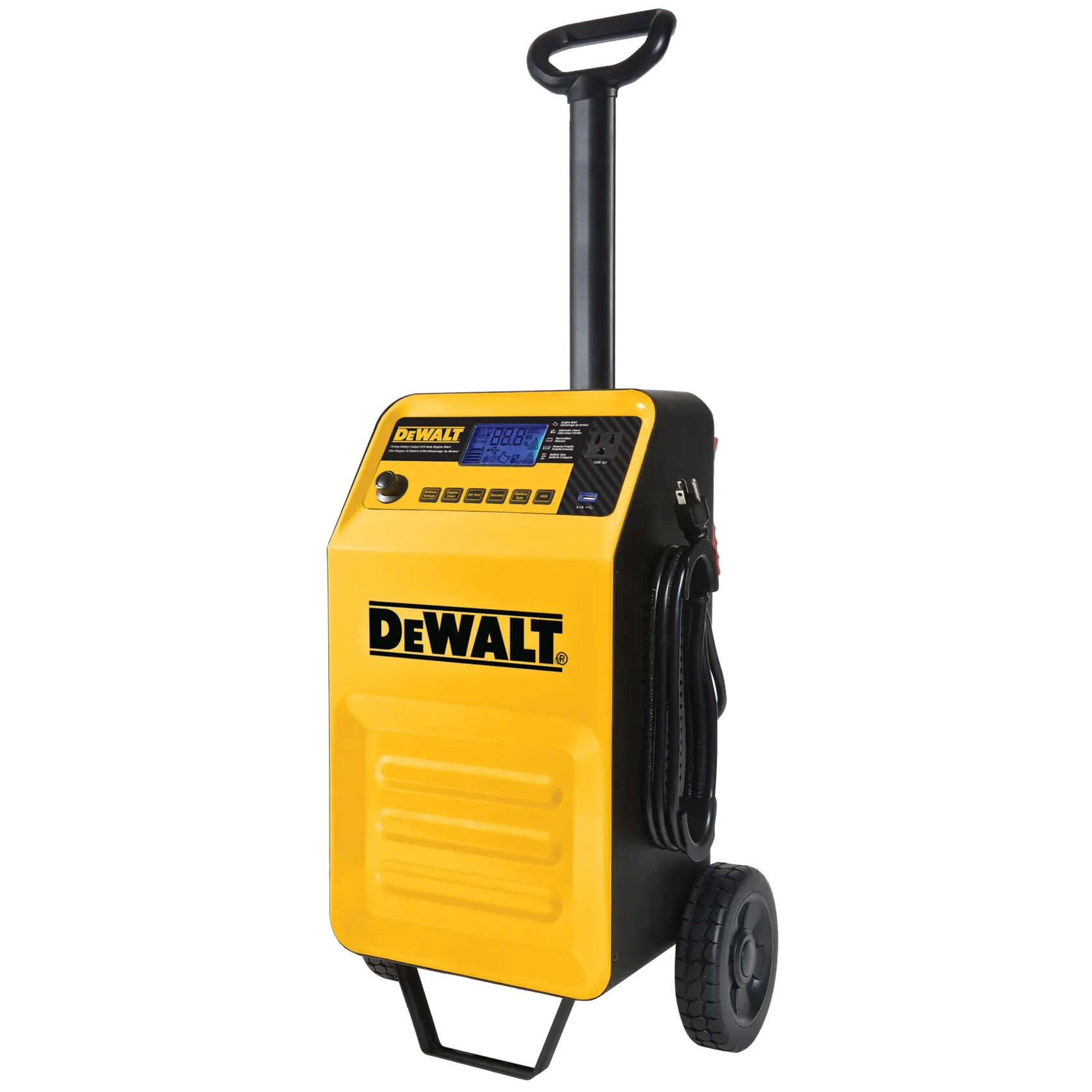 DEWALT DXAEC210 portable battery charger and engine starter with wheels and a handle, featuring a digital display and control buttons, shown in yellow and black.