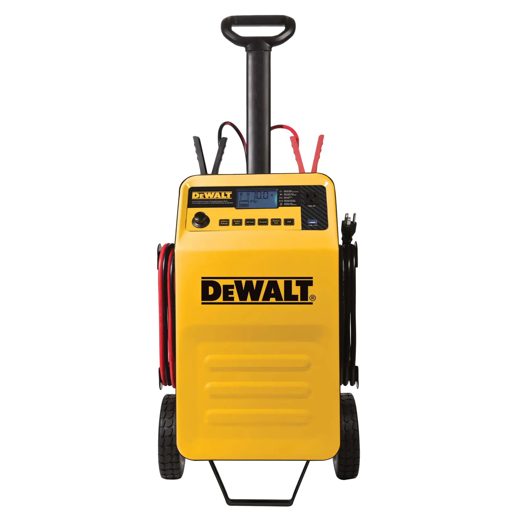 A DEWALT DXAEC210 portable battery charger and engine starter with wheels, handle, and digital display. The device is yellow with black accents and features clamps attached to cables on the sides.