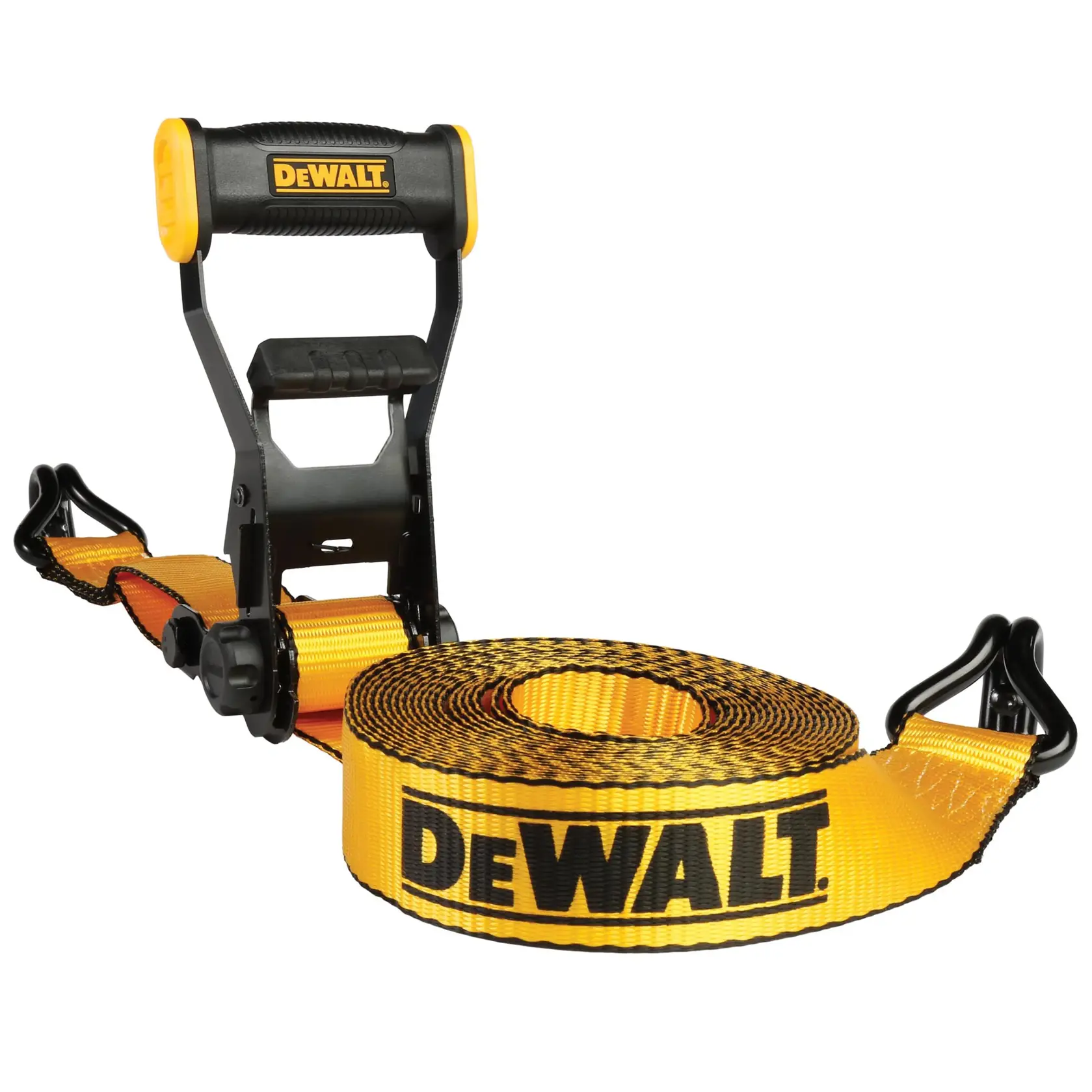 A DEWALT ratchet tie down strap in yellow and black, featuring a heavy-duty ratchet handle and hooks on both ends. The DEWALT logo is visible on the strap.