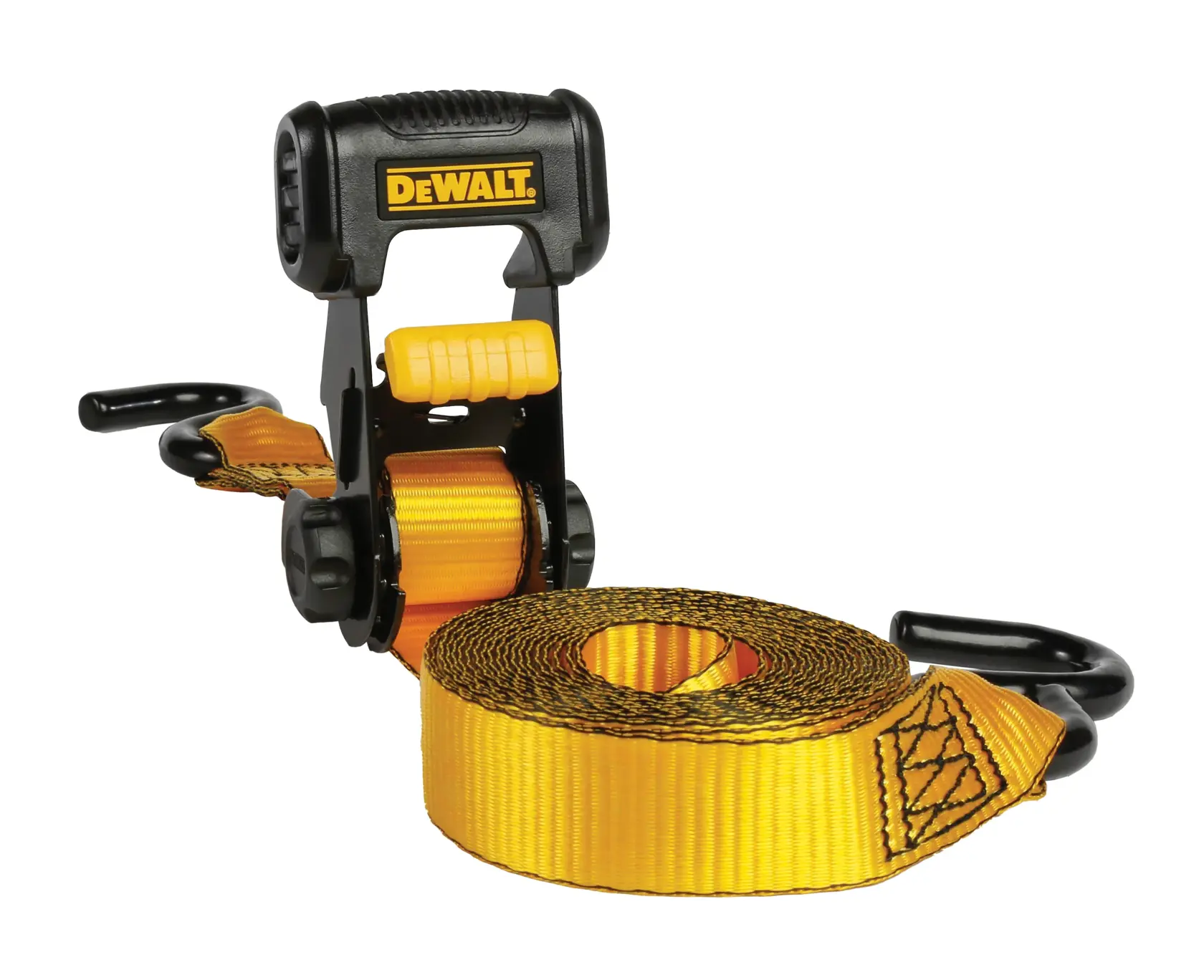 A DEWALT branded ratchet tie-down strap with a black and yellow handle and hooks, used for securing loads. The yellow strap is rolled and attached to the ratchet mechanism.