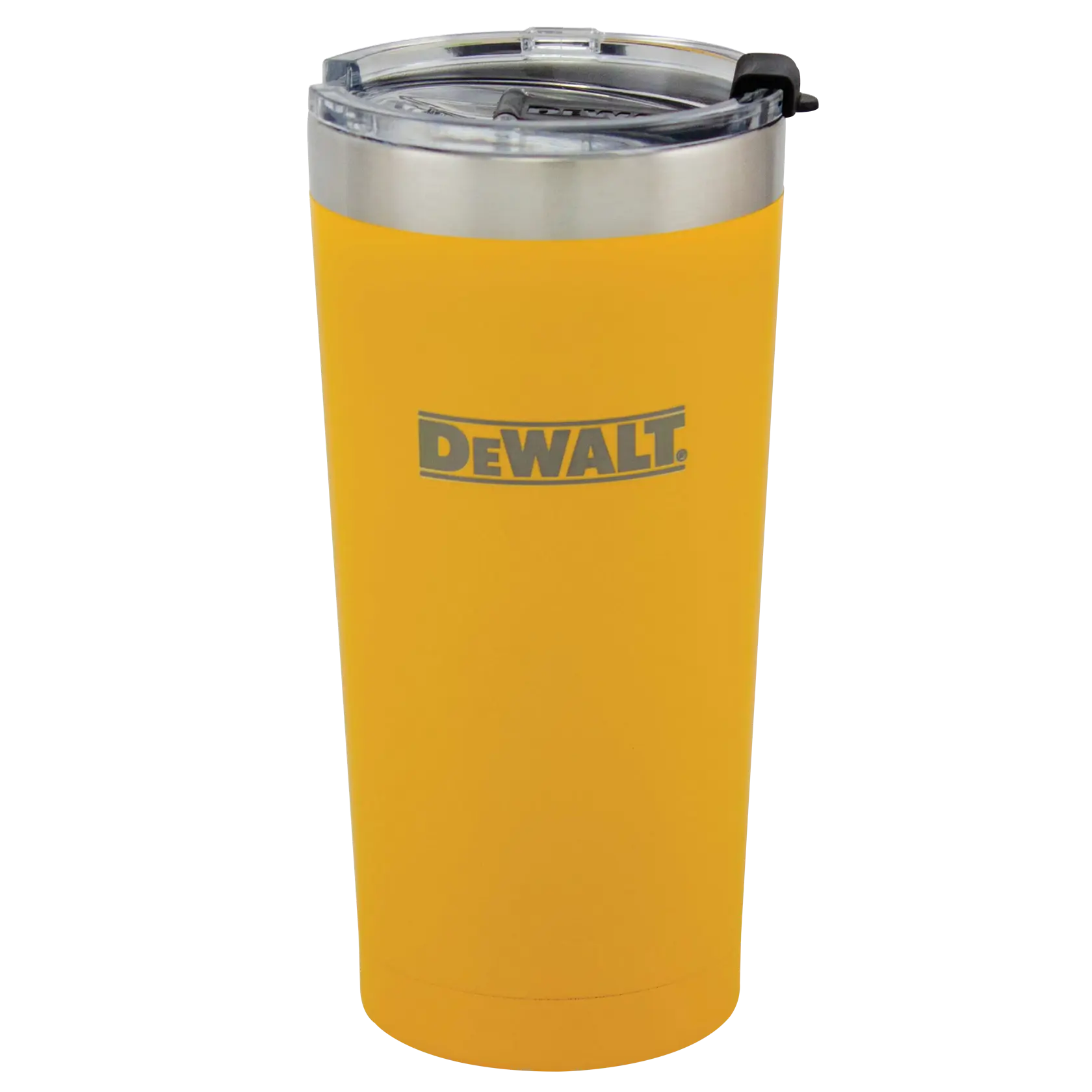 A yellow DEWALT insulated tumbler with a stainless steel rim and clear plastic lid.