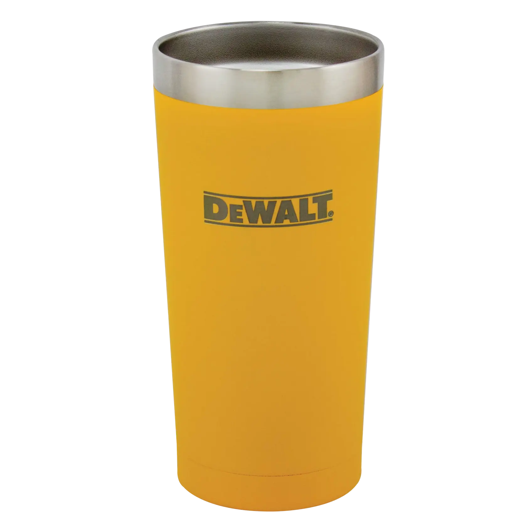 A yellow stainless steel tumbler with a silver rim and the DEWALT logo printed on the front.