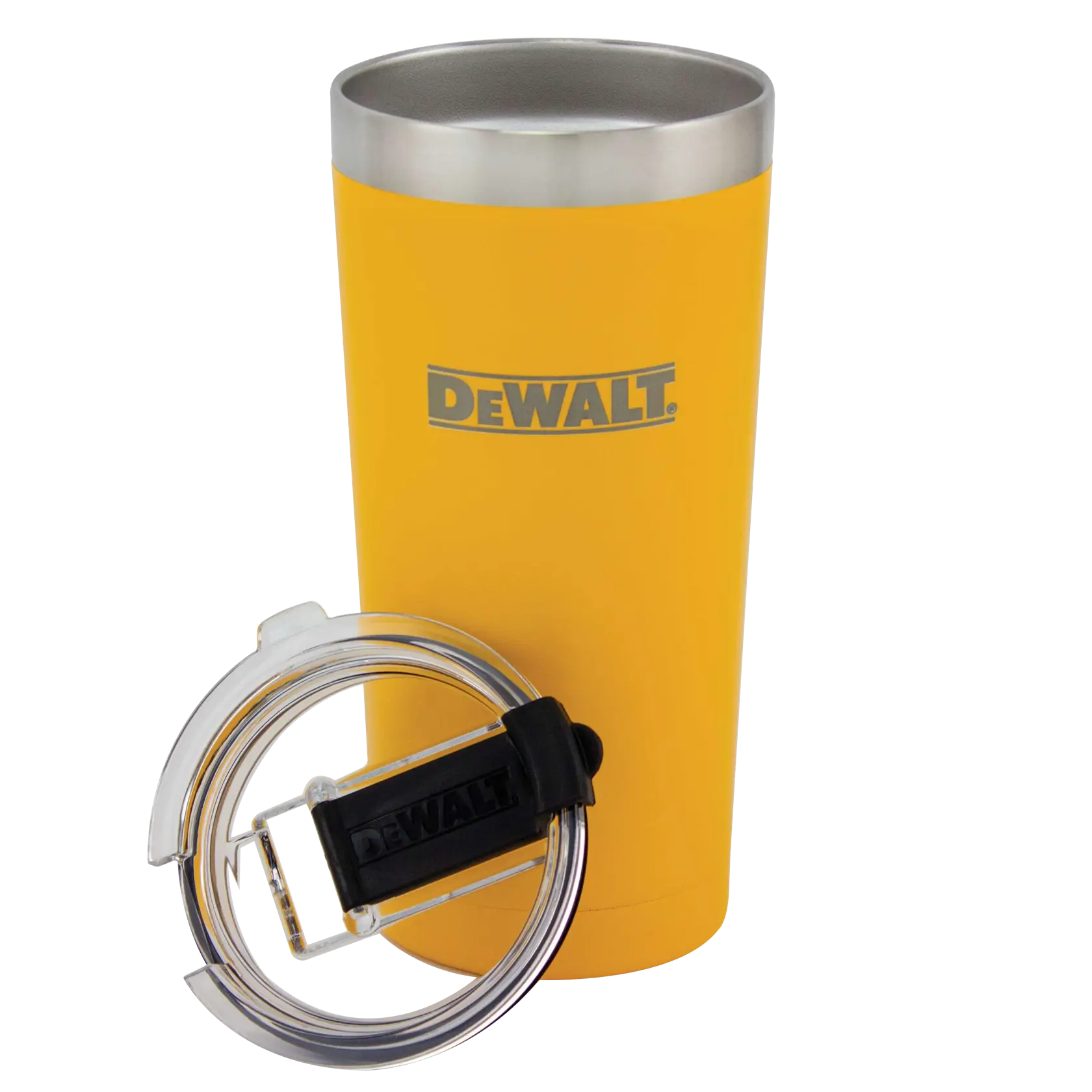 A yellow stainless steel DEWALT tumbler with a removable clear lid featuring a black locking mechanism. The tumbler is upright and the lid is placed in front of it.
