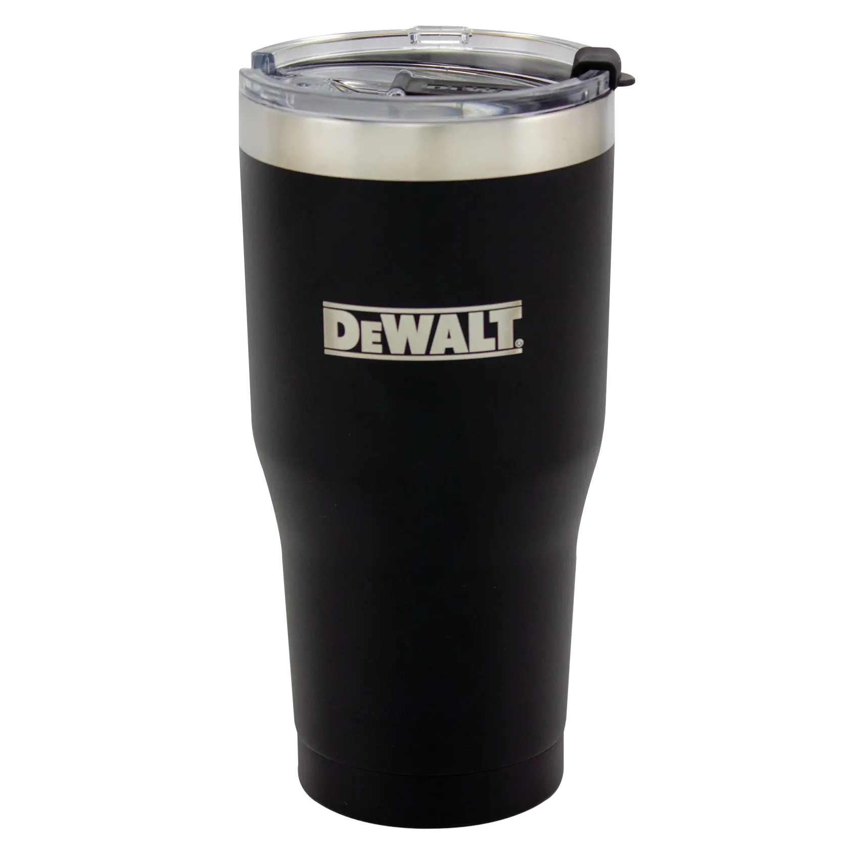 A black DEWALT travel tumbler with a stainless steel rim and a clear plastic lid.