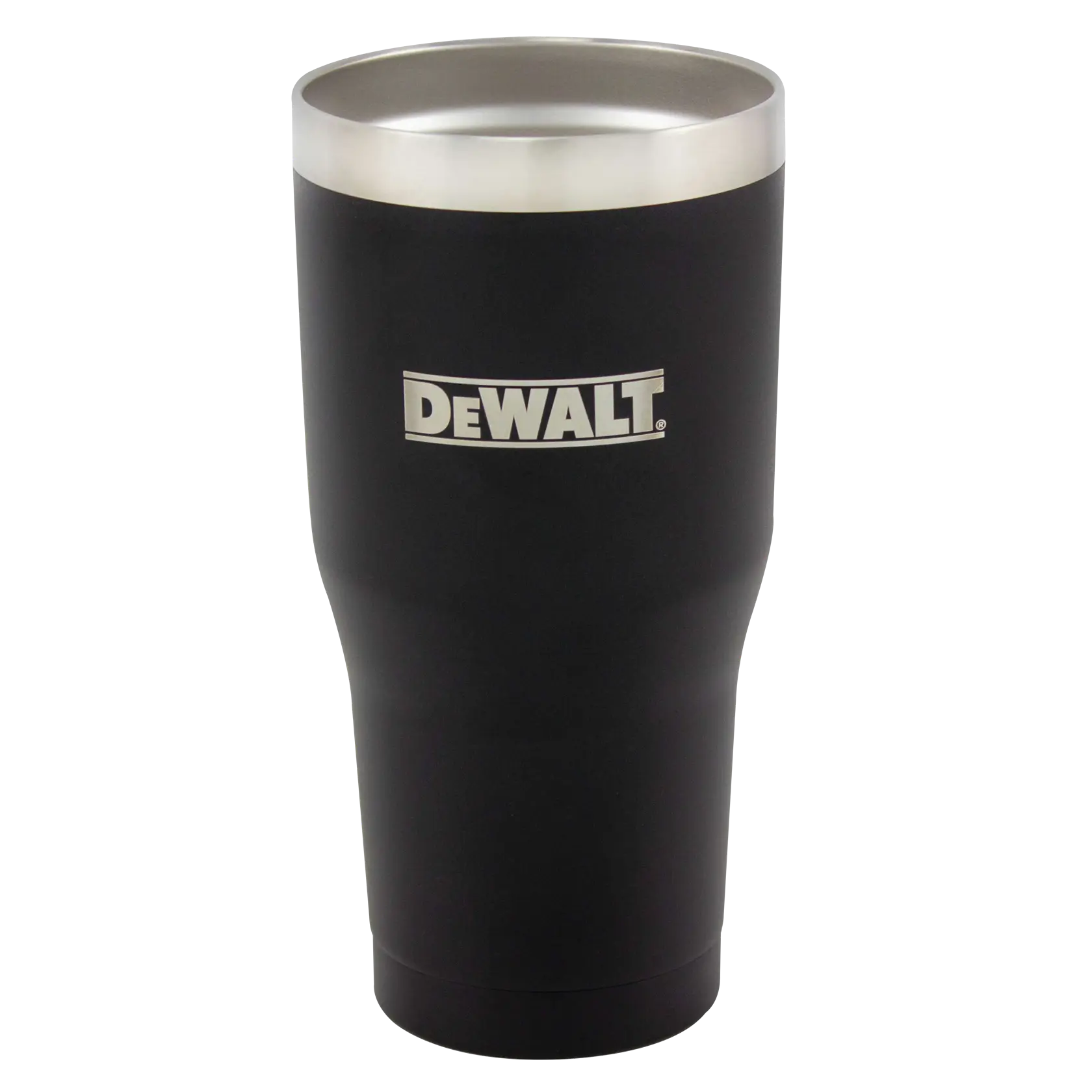 A black stainless steel tumbler with a silver rim, featuring the DEWALT logo on the front.