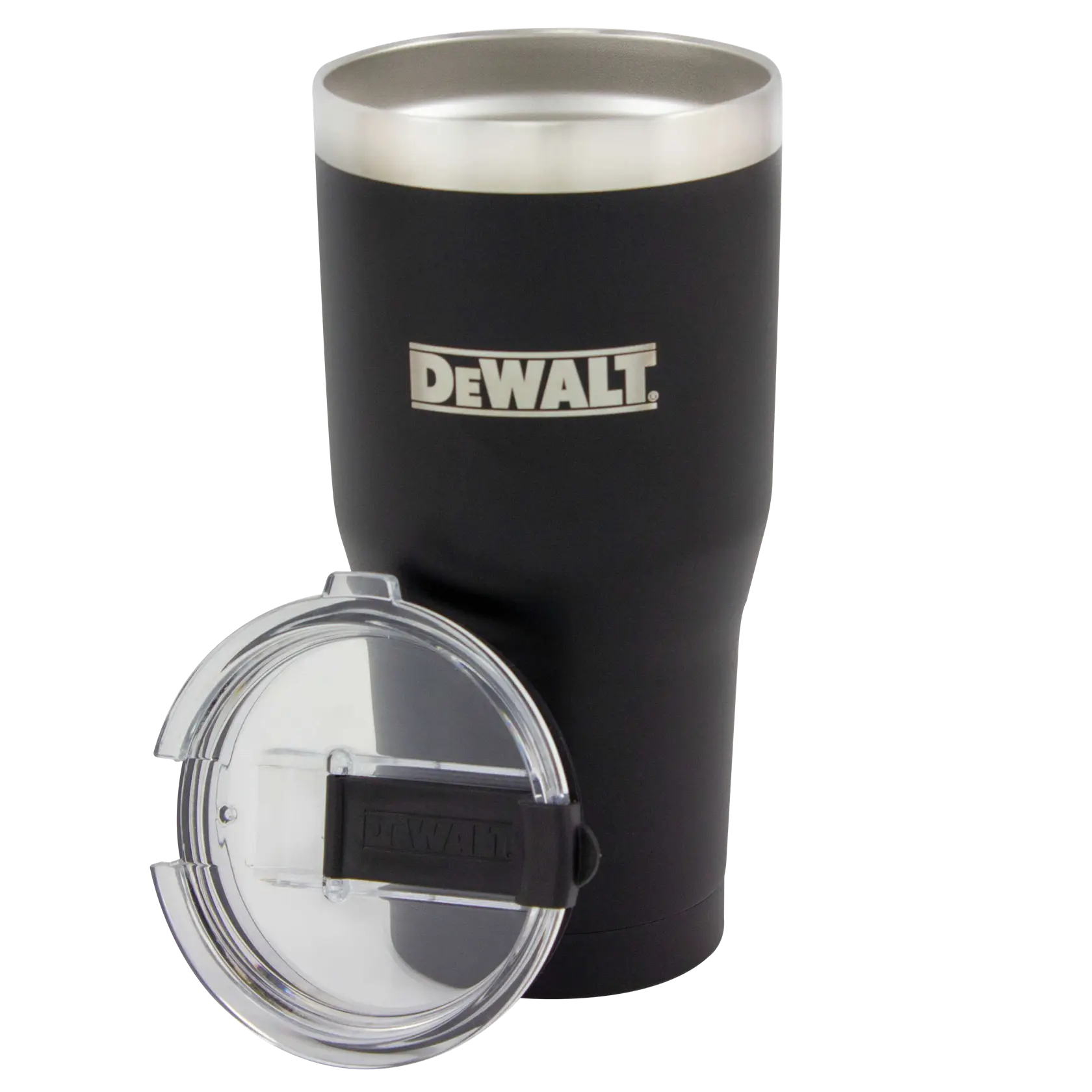A black DEWALT travel tumbler with a stainless steel rim and a transparent plastic lid placed in front of it.