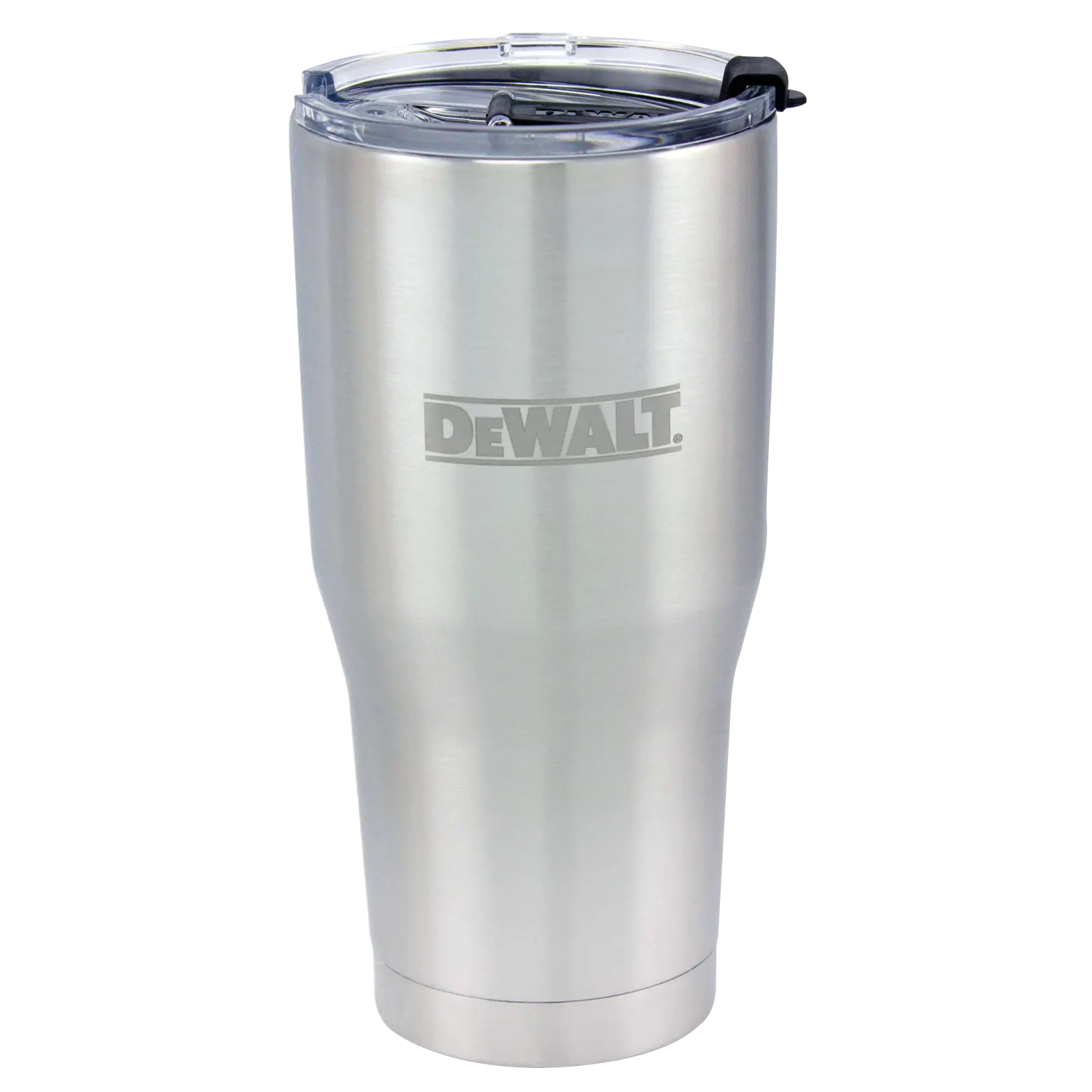 A stainless steel DEWALT tumbler with a clear plastic lid and the DEWALT logo engraved on the front.