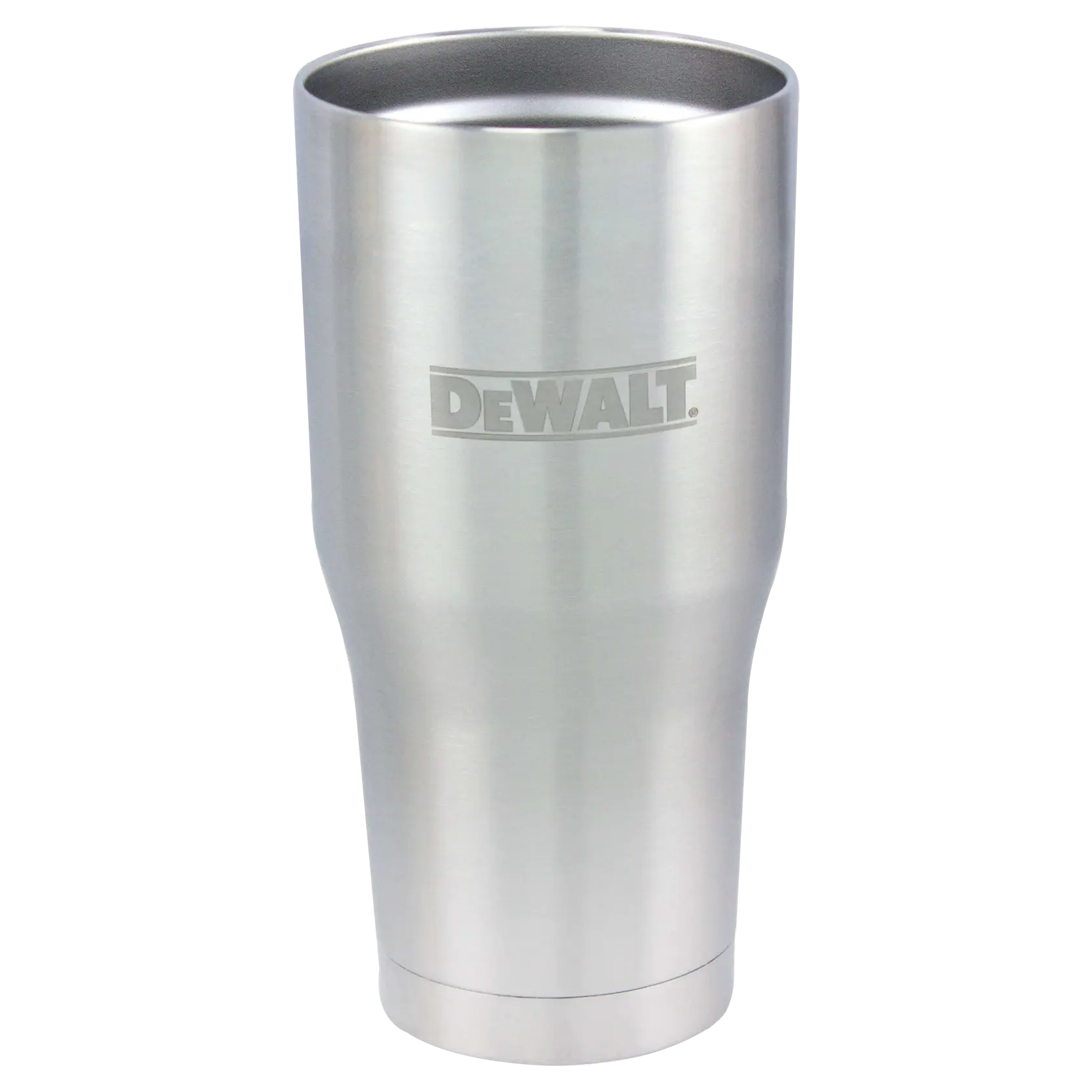 A stainless steel travel tumbler with the DEWALT logo on the front.