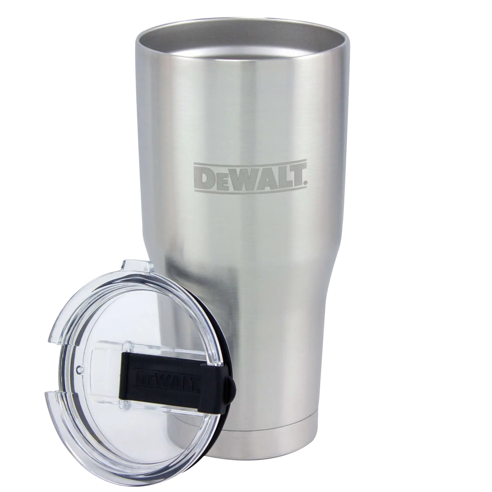 A stainless steel insulated tumbler with the DEWALT logo, shown with a transparent plastic lid placed beside it.
