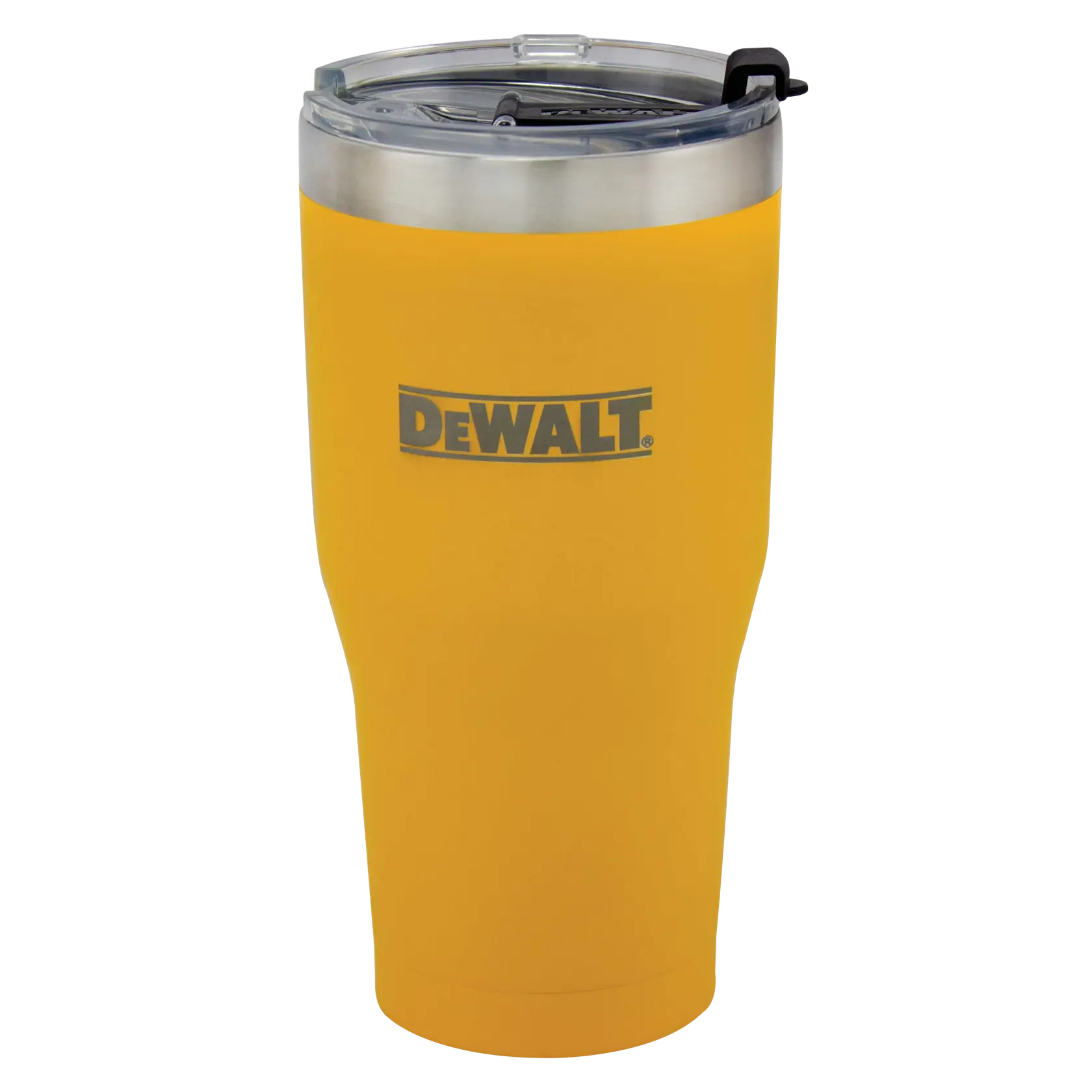 A yellow DEWALT insulated tumbler with a stainless steel rim and a clear plastic lid featuring a black sliding closure.