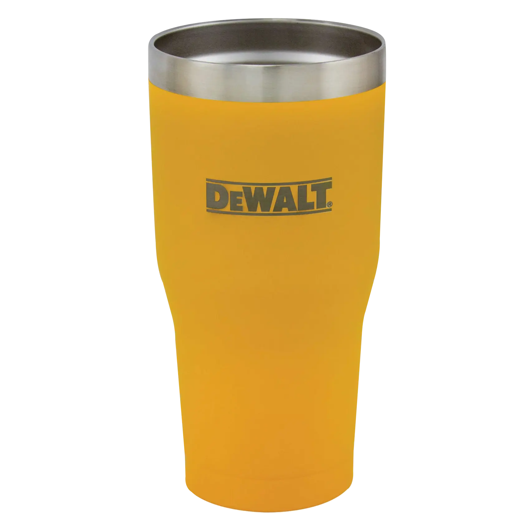 A yellow insulated tumbler with a stainless steel rim and the DEWALT logo printed on the front.