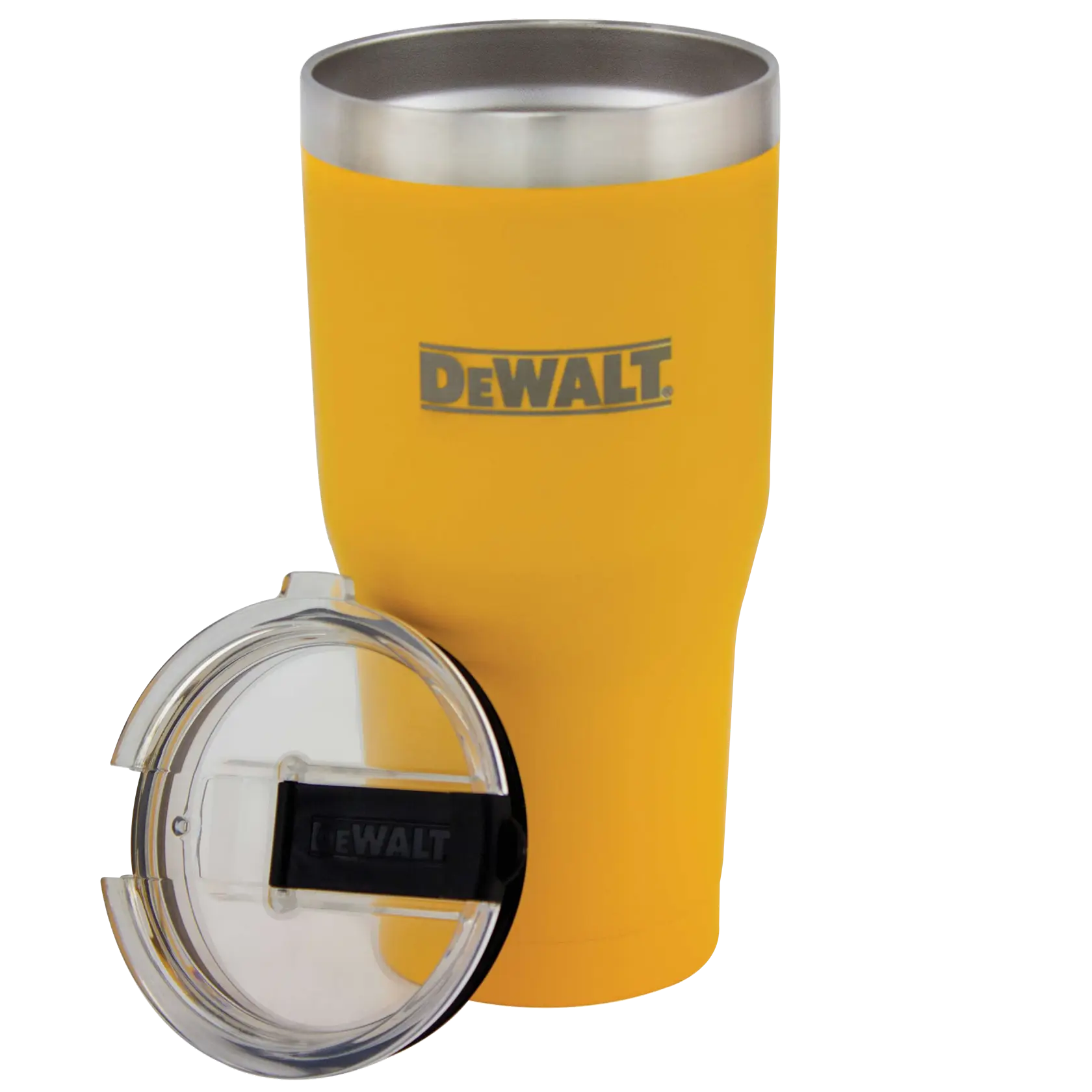 A yellow DEWALT stainless steel tumbler with a DEWALT logo on the front. The tumbler is shown with its clear plastic lid removed and placed in front.