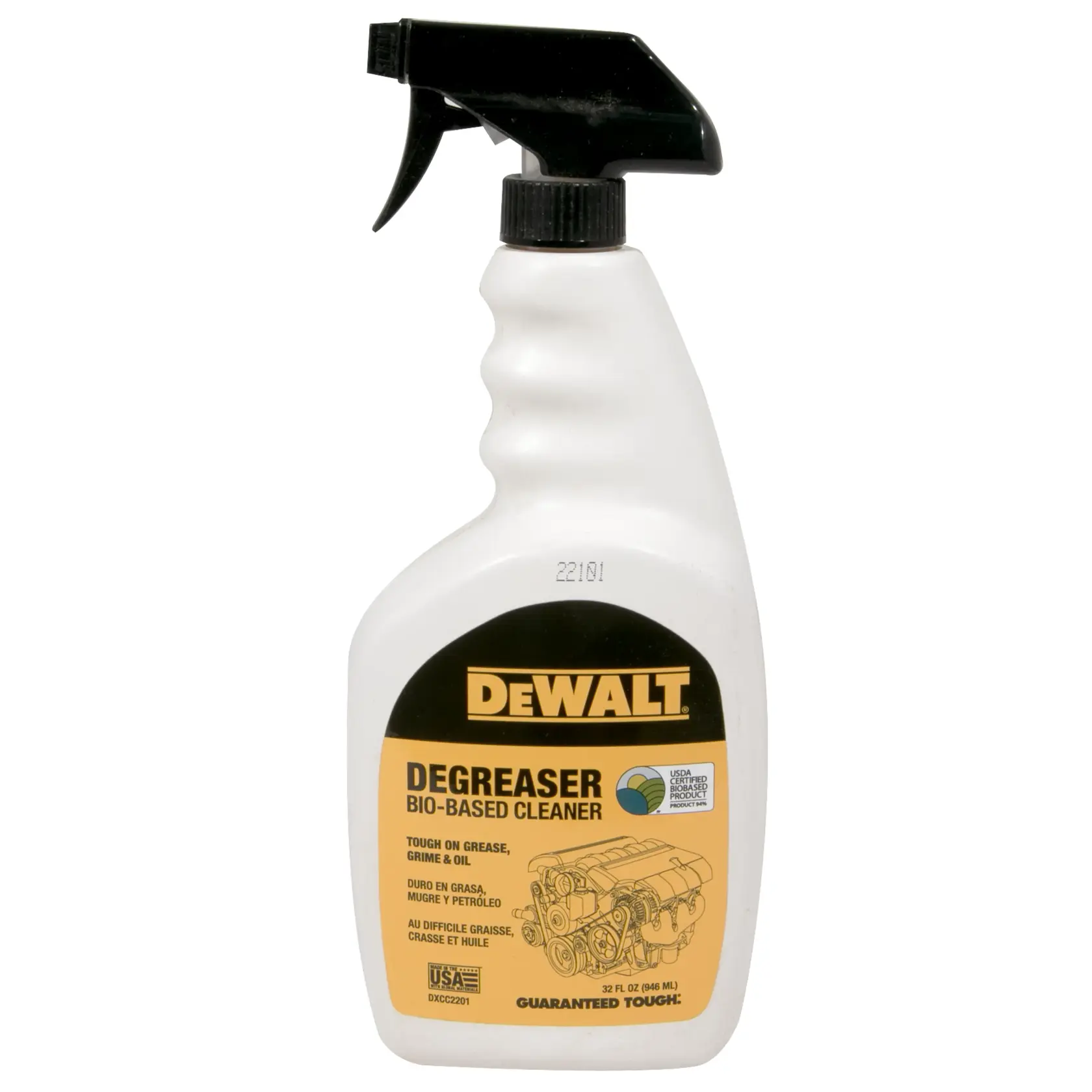 A bottle of DEWALT Degreaser Bio-Based Cleaner with a spray nozzle, designed for tough grease, grime, and oil removal. The label displays product information and an engine graphic.