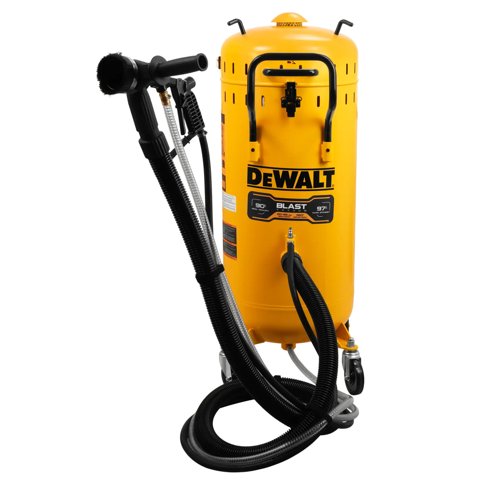 A yellow DEWALT blast cleaning machine with wheels and attached hoses, featuring a brush head and nozzle.