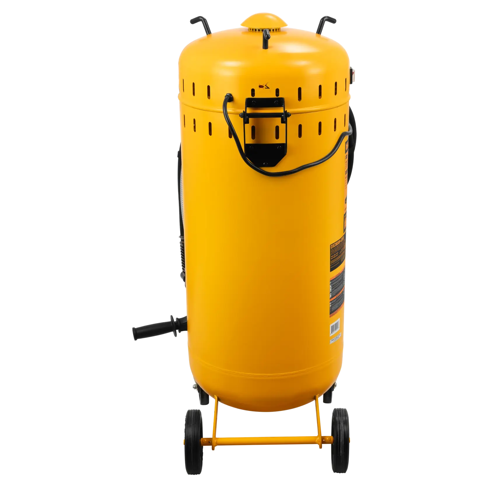 A yellow DEWALT portable air compressor with a cylindrical tank, black handle, wheels, and hose attachments, viewed from the rear.