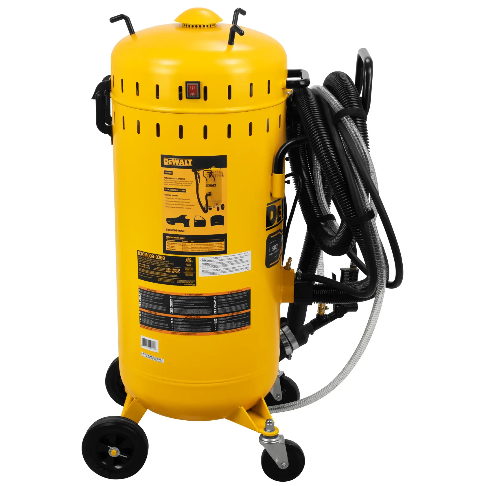 Yellow DEWALT industrial vacuum canister on wheels with attached hoses, labels, and handle. The unit is cylindrical with vent holes and a digital display at the top.