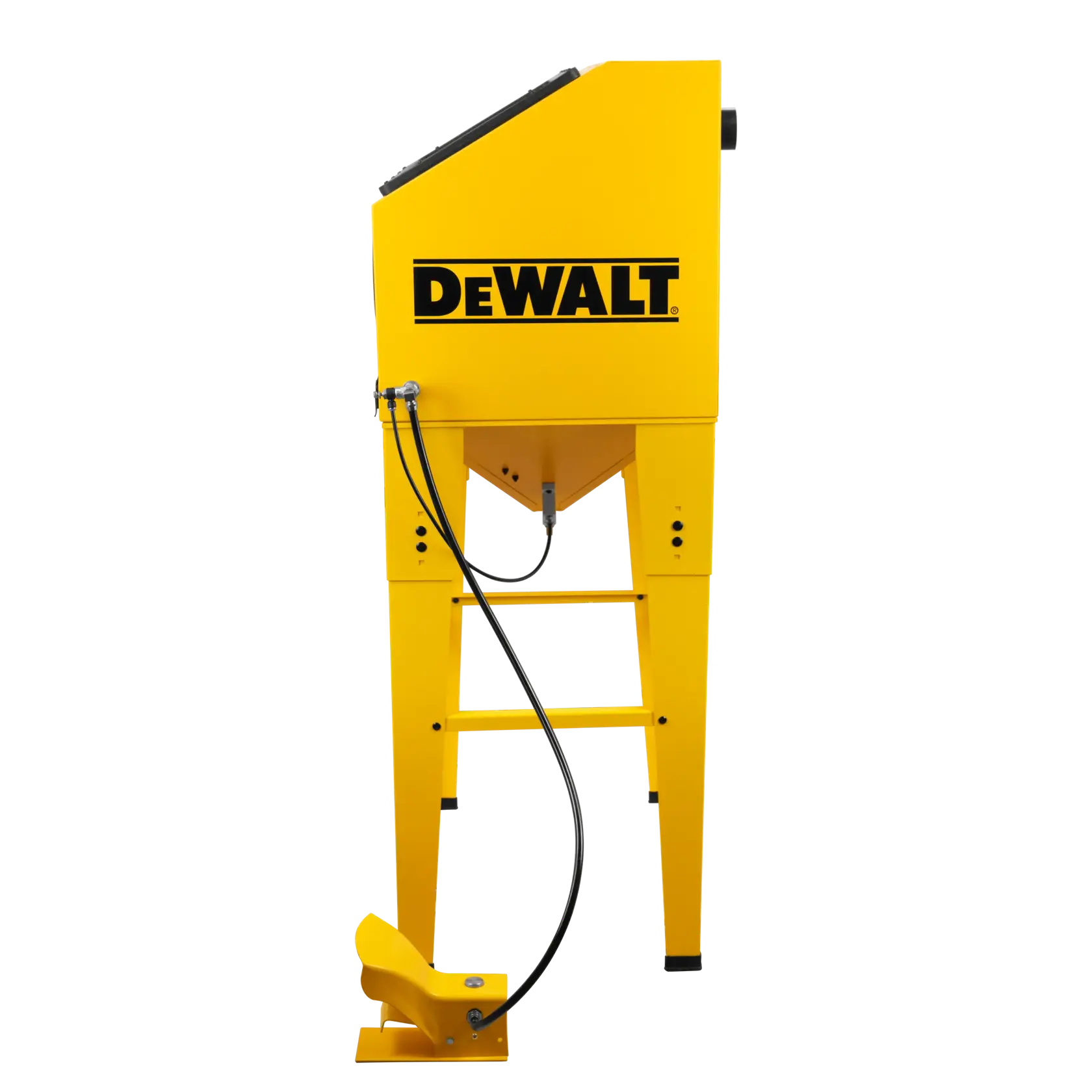Side view of a yellow DEWALT sandblasting cabinet with attached hose and foot pedal, standing on four legs against a white background.