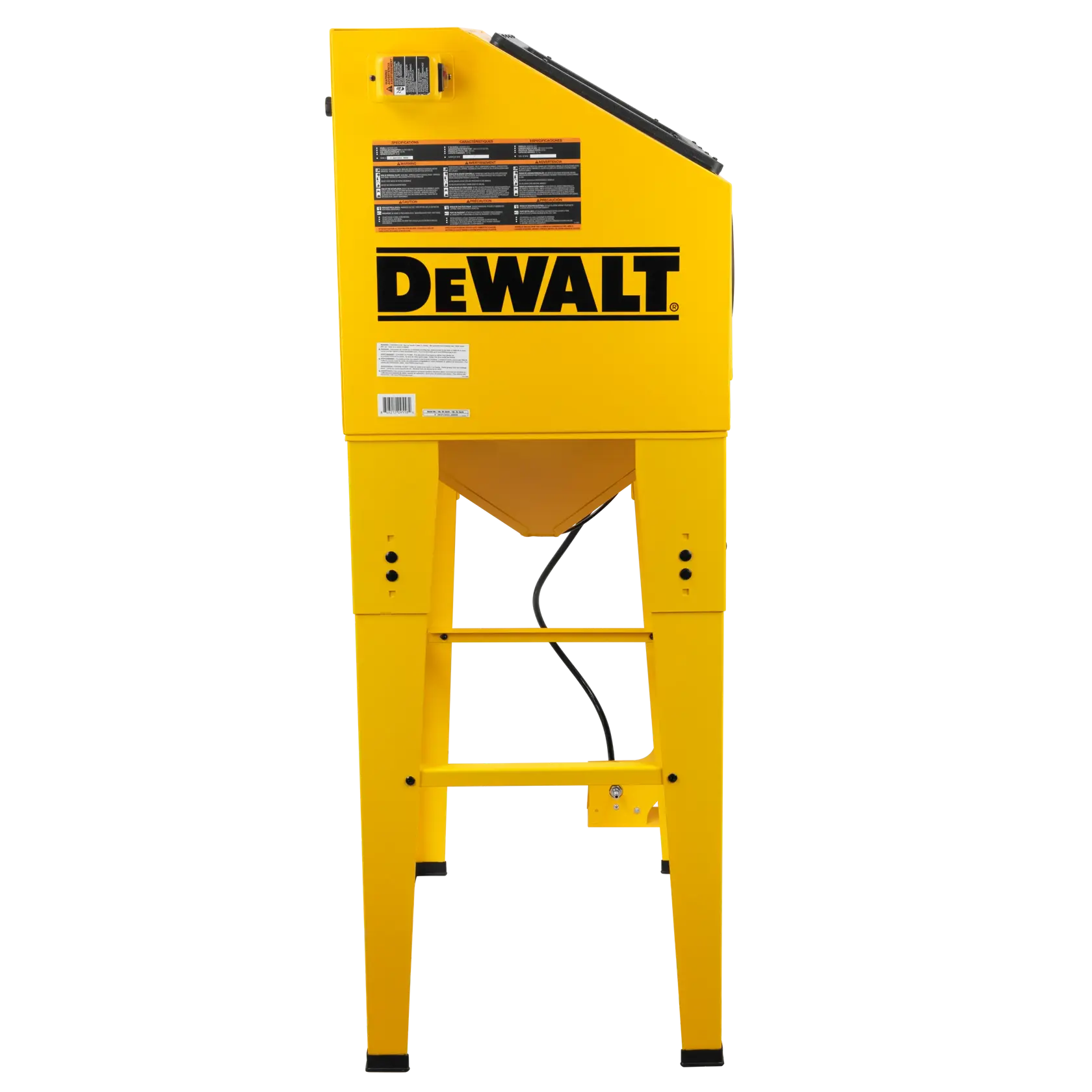 A yellow DEWALT sandblasting cabinet standing upright on four legs, with the DEWALT logo prominently displayed on the side.