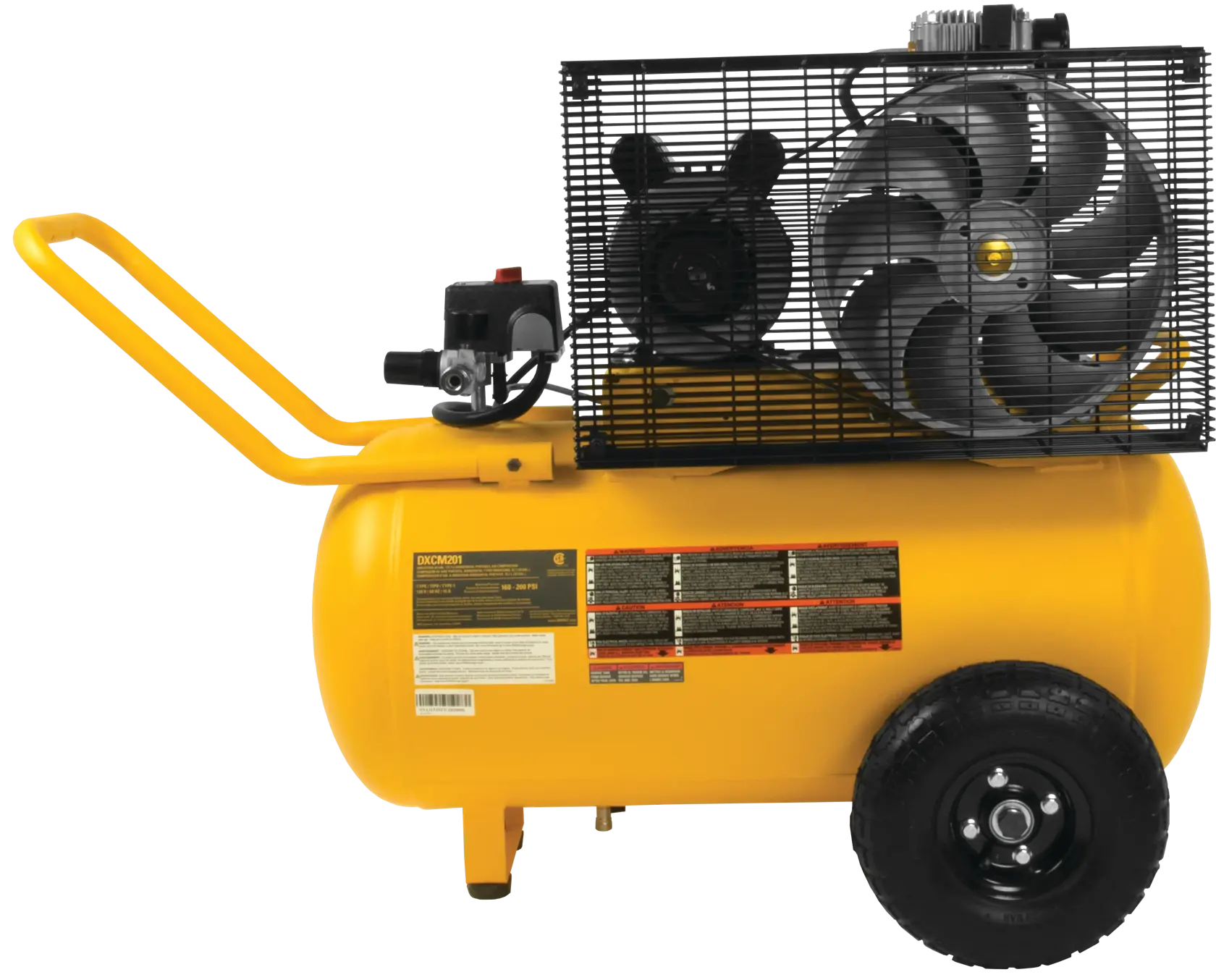 Backside of Oil lubed belt drive portable horizontal electric air compressor.n