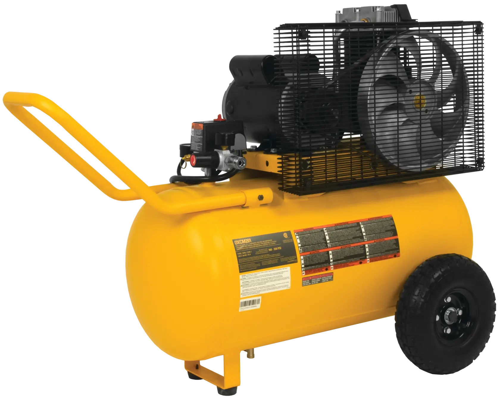 Backside of Oil lubed belt drive portable horizontal electric air compressor.