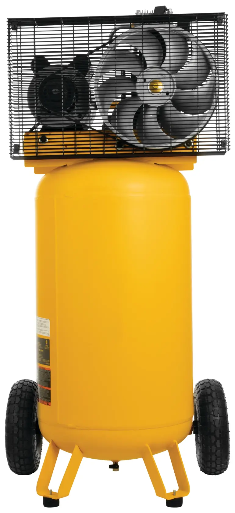 Backside of 25 gallon 200 P S I Oil lubed belt drive portable vertical electric air compressor.n