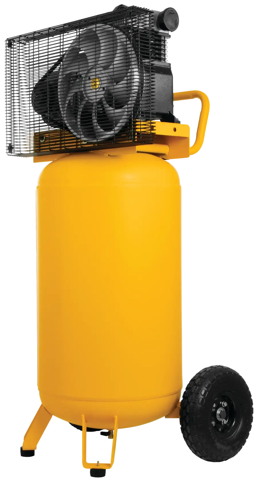 Backside of 25 gallon 200 P S I Oil lubed belt drive portable vertical electric air compressor.n