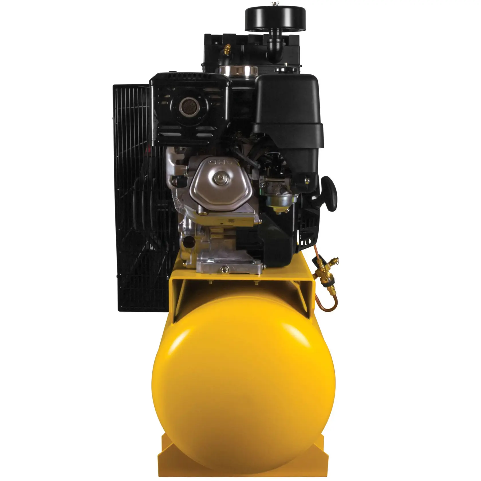 Backside of 30 Gallon 2 stage portable gas powered truck mount air compressor.n