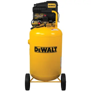 A yellow DEWALT portable air compressor with black wheels and control panel.