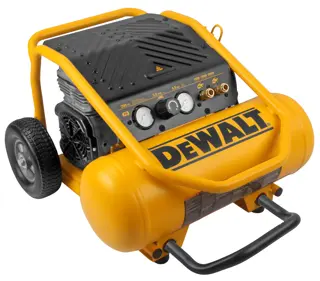 A portable yellow DEWALT air compressor with a black control panel, pressure gauges, a sturdy steel frame, wheels, and a handle for easy transportation.