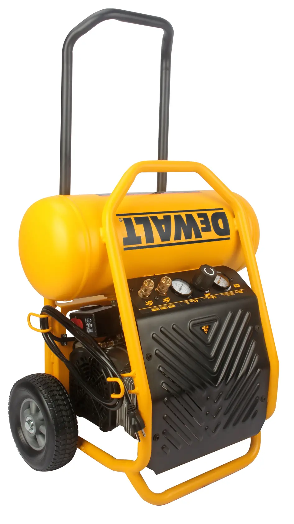 DEWALT 4.5 gallon quiet 2 stage wheeled air compressor standing vertically